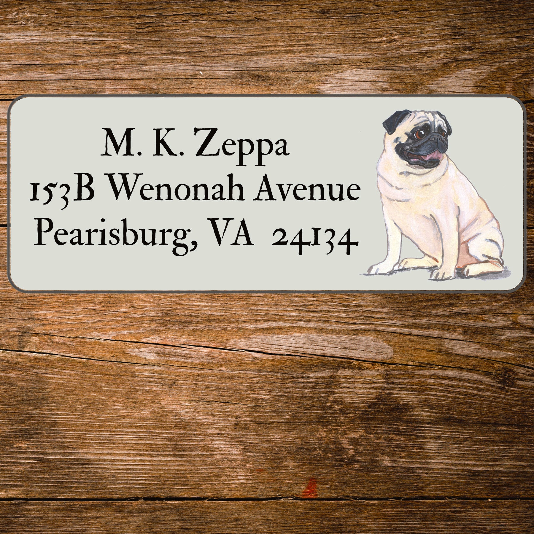 Return address label with a Pug Dog illustration.