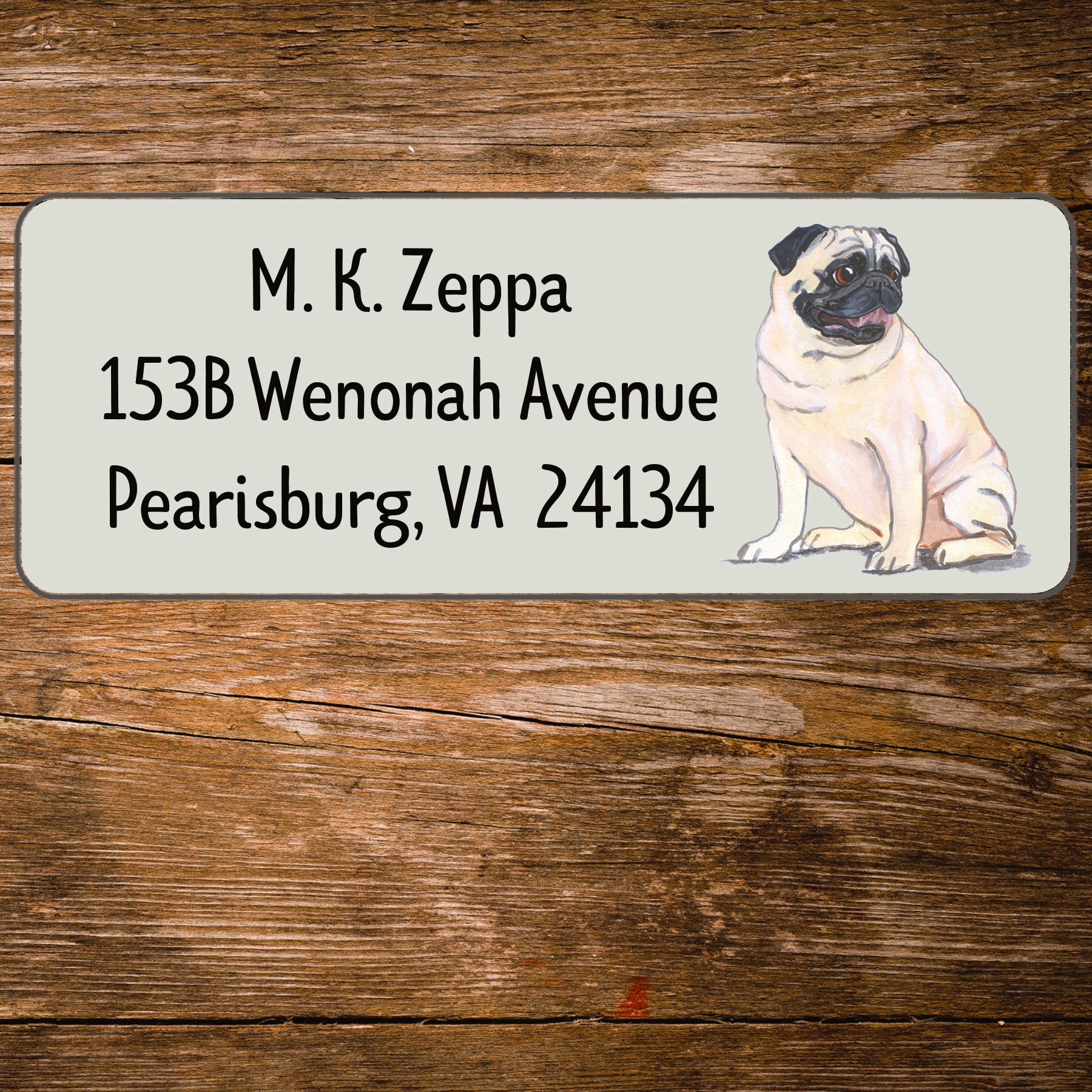 Return address label with a Pug Dog illustration.