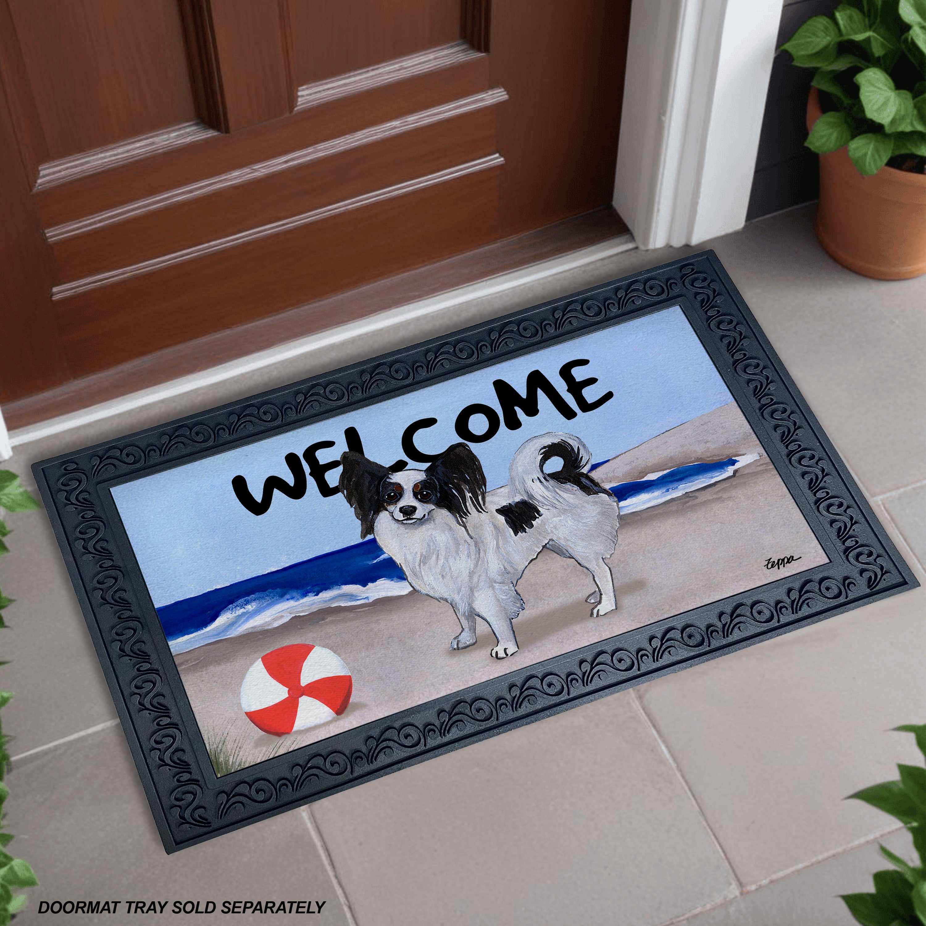 Papillon Beach Scene Welcome Mat