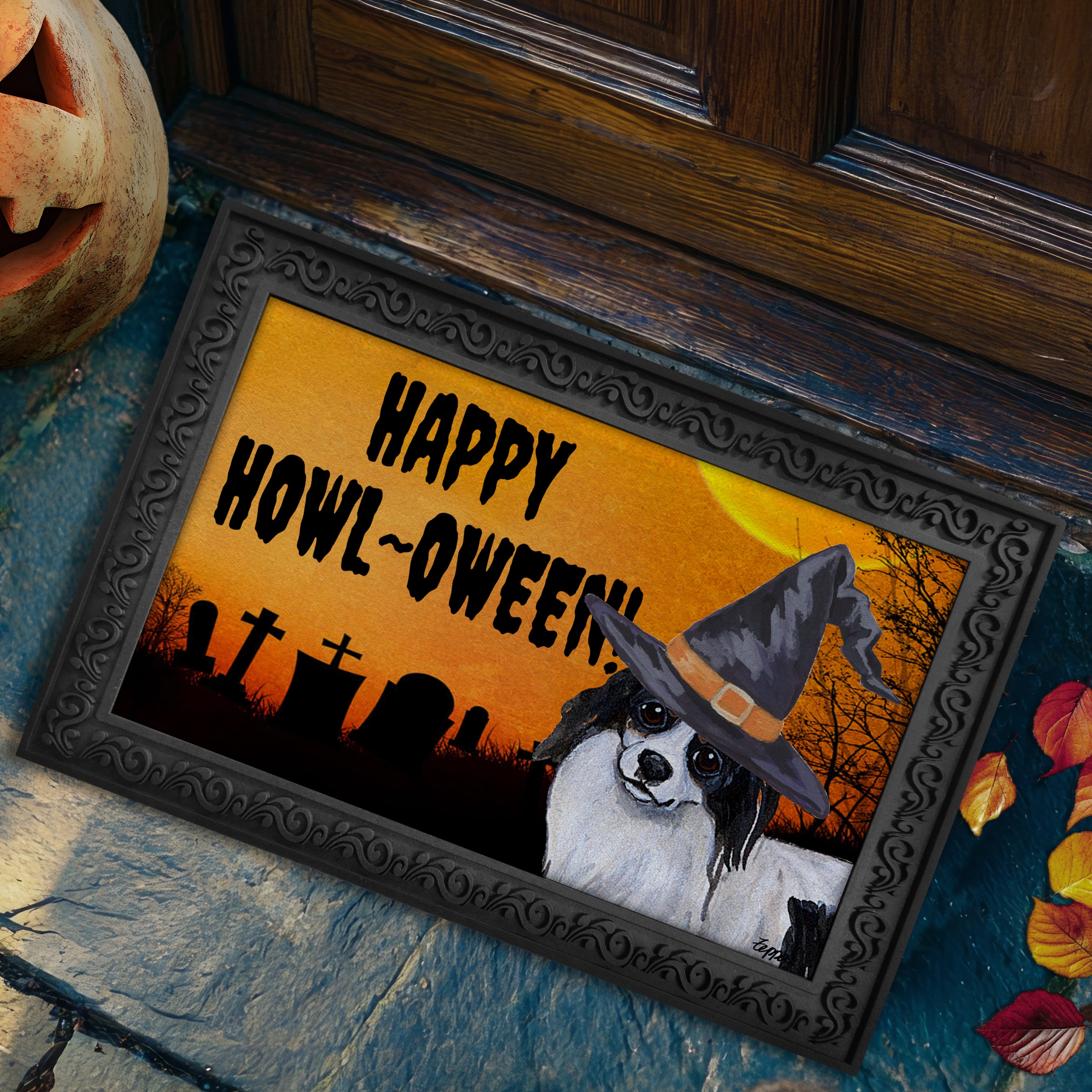 Halloween-themed doormat with a Papillon wearing a witch hat and 'Happy Howl-Oween!' text.