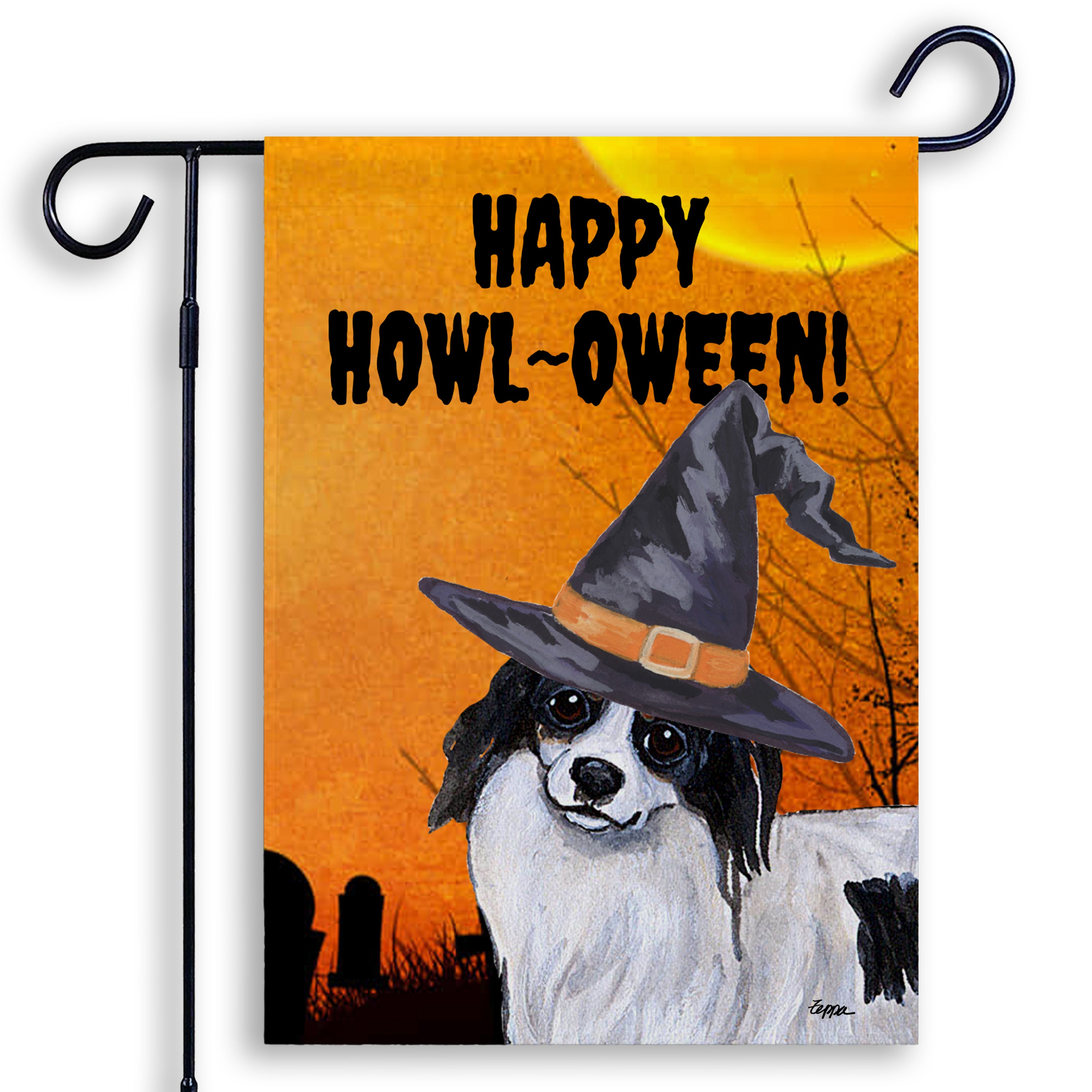 Halloween-themed garden flag with a Papillon wearing a witch hat and 'Happy Howl-Oween!' text on an orange background.