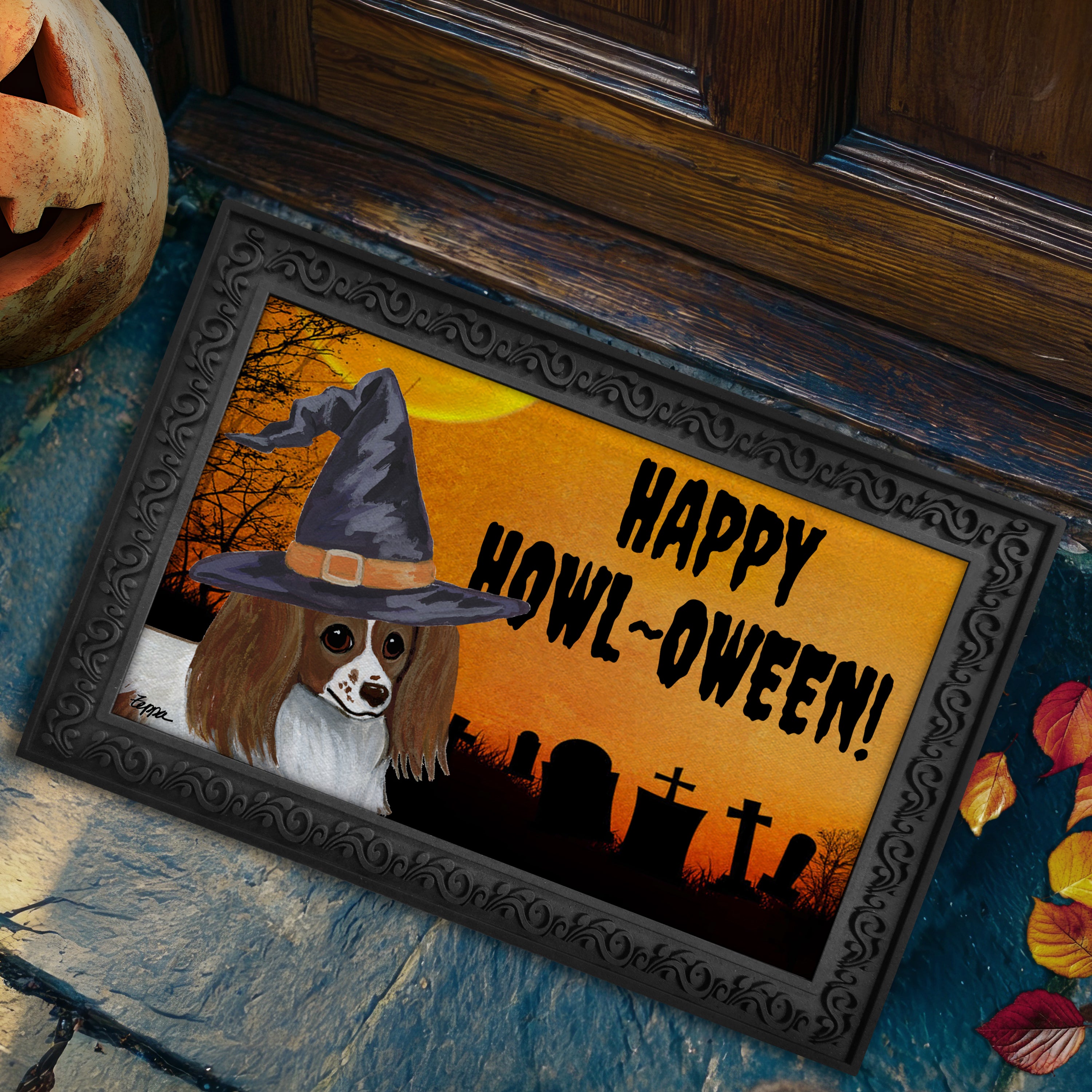 Halloween-themed doormat with a Papillon wearing a witch hat and 'Happy Howl-Oween!' text.