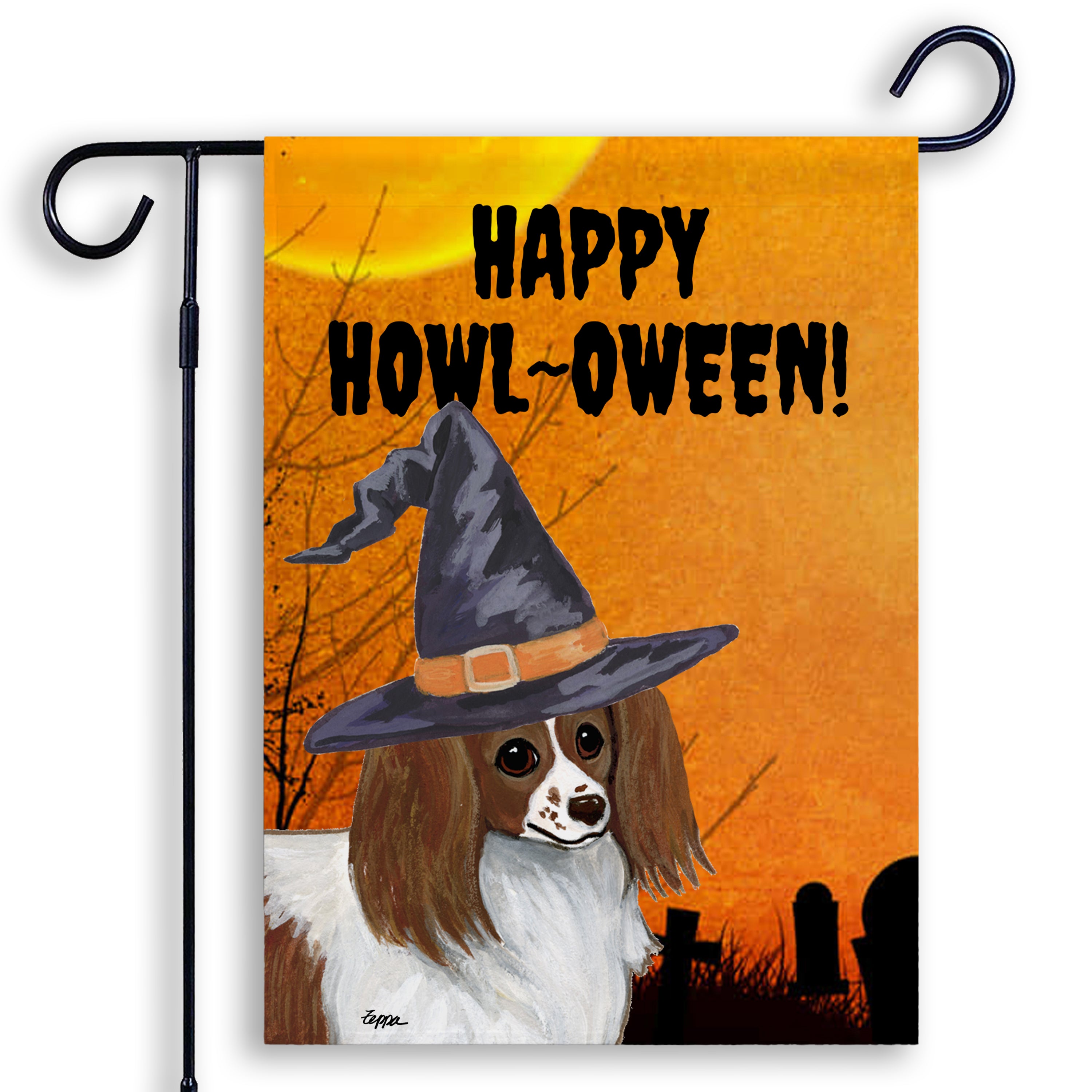 Halloween-themed garden flag with a Papillon wearing a witch hat and 'Happy Howl-Oween!' text on an orange background.