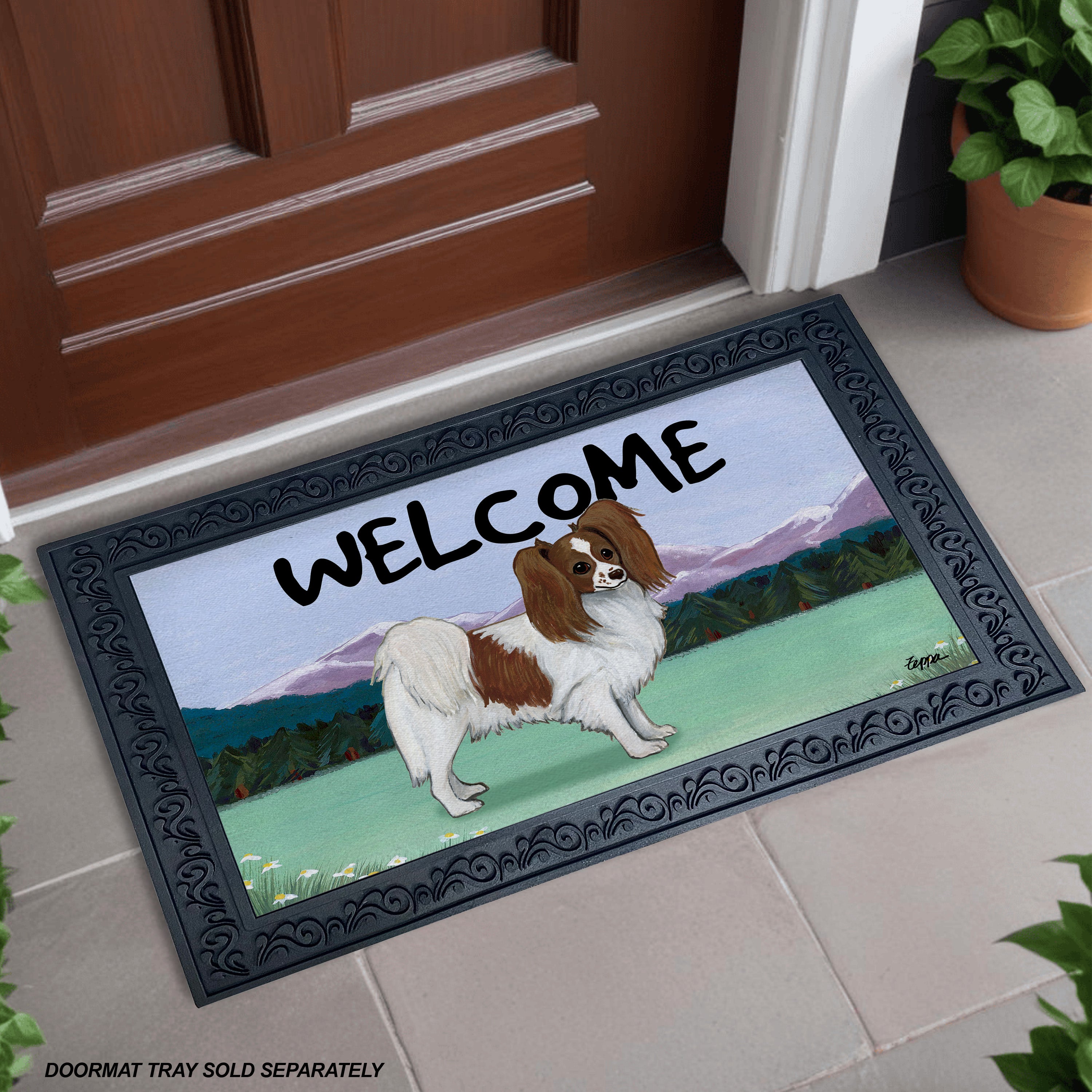 Red and White Papillon Mountain Scene Welcome Mat