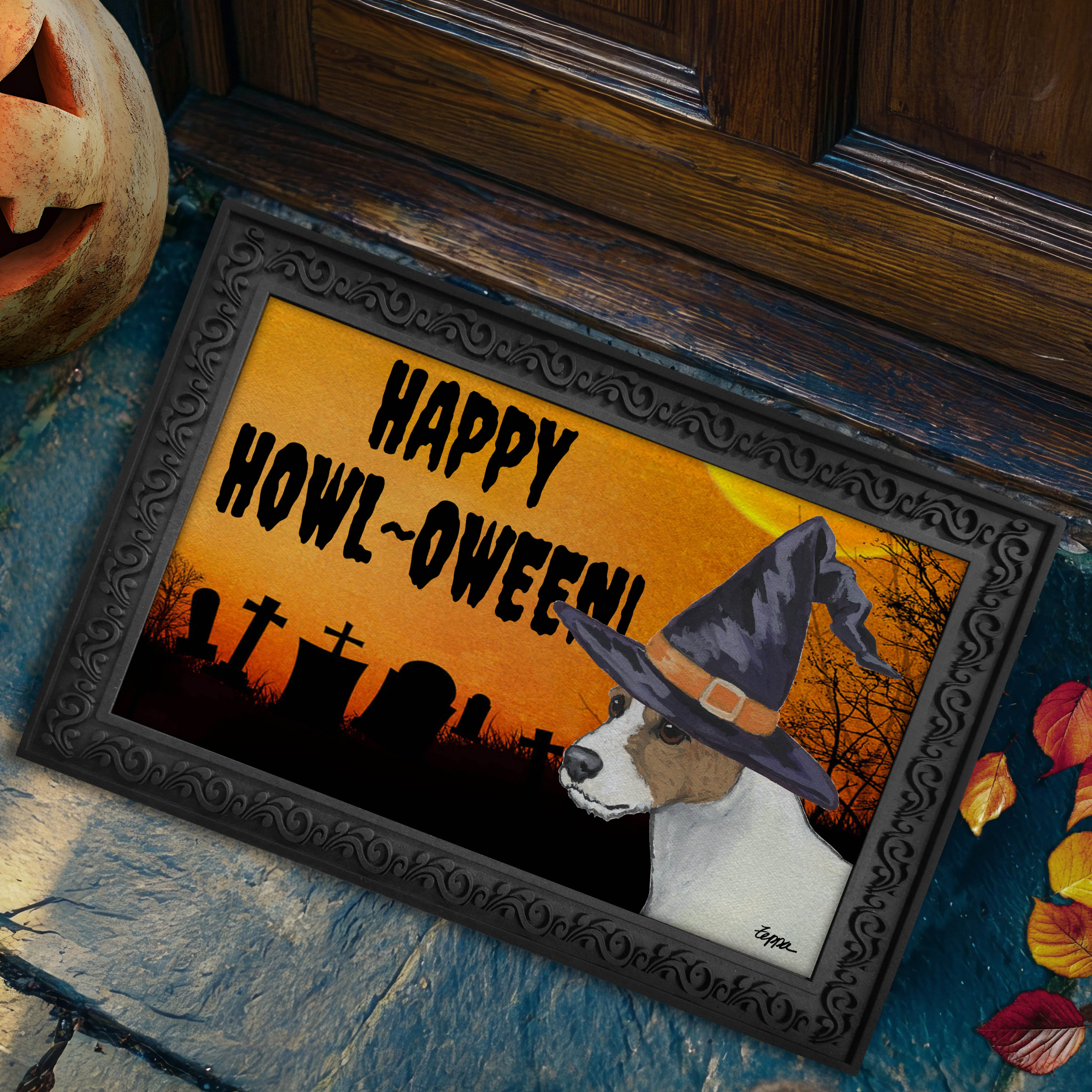 Parson Russell Terrier in a witch's hat on a Happy Howl-ween doormat.
