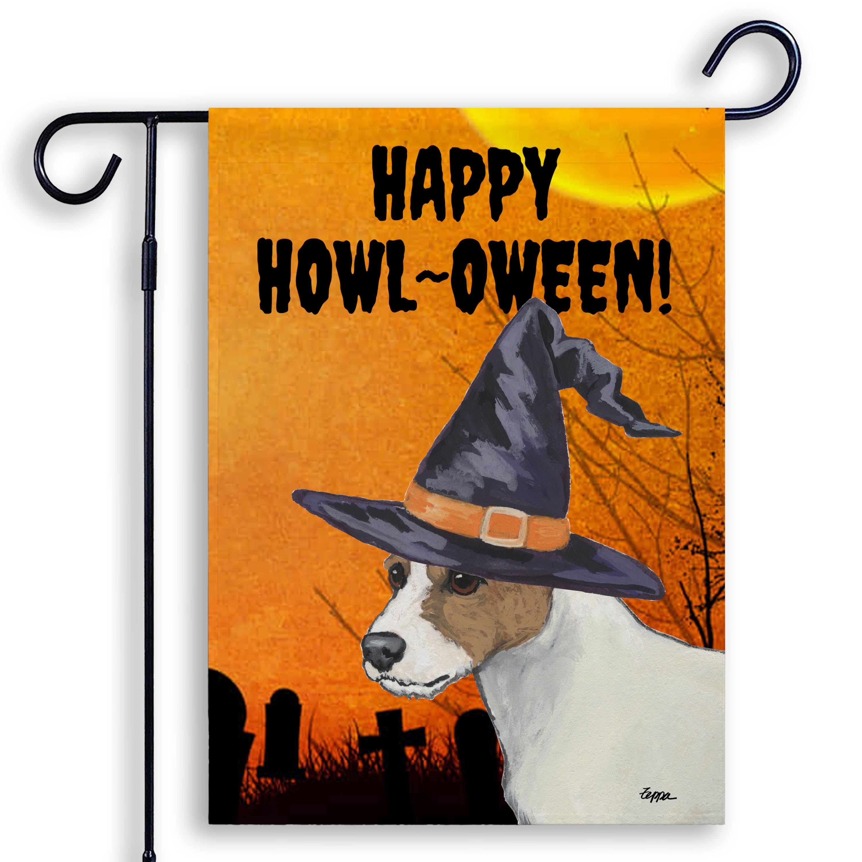 Halloween-themed garden flag with a Parson Russell Terrier wearing a witch hat and 'Happy Howl-Oween!' text on an orange background.