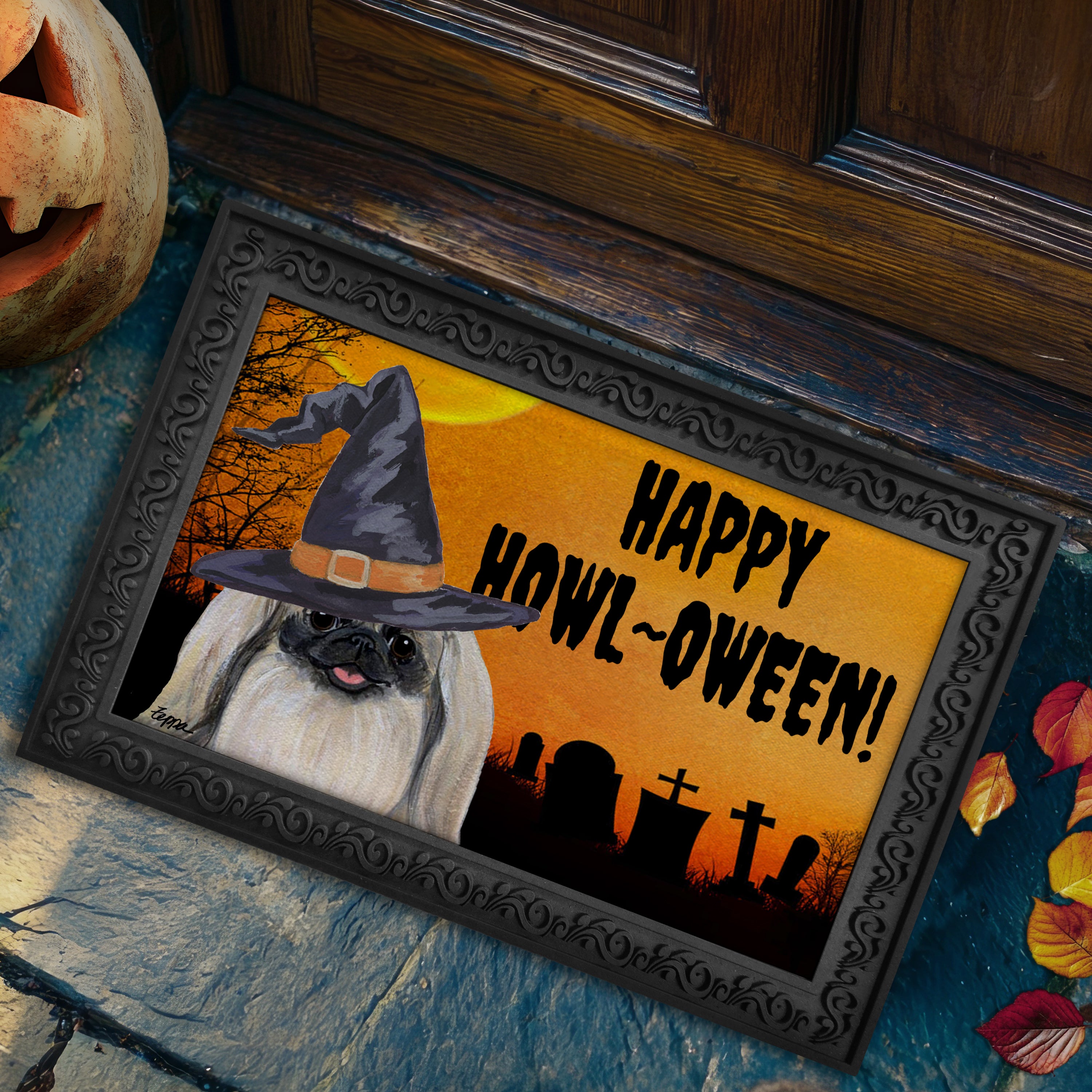 Halloween-themed doormat with a Pekingese wearing a witch hat and 'Happy Howl-Oween!' text.