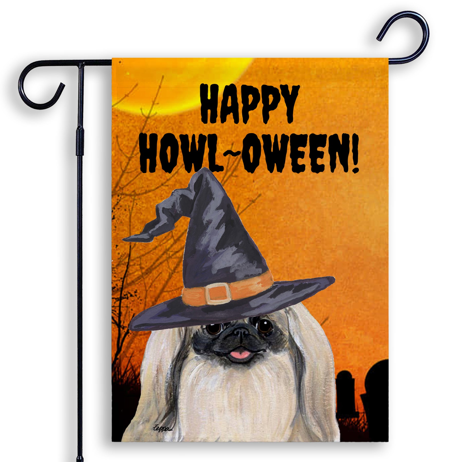 Halloween-themed garden flag with a Pekingese wearing a witch hat and 'Happy Howl-Oween!' text on an orange background.