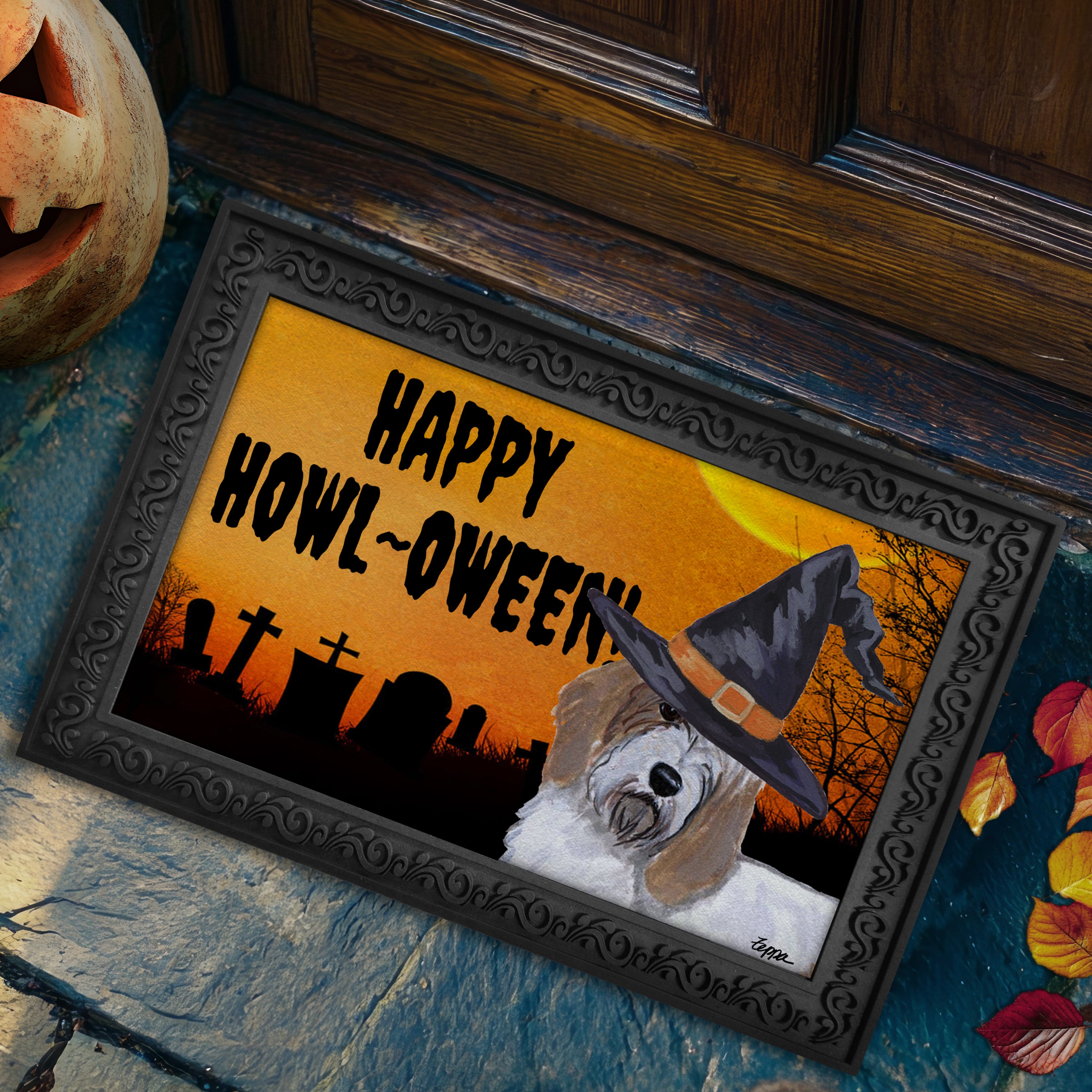 Halloween-themed doormat with a Petite Basset Griffon Vendeen wearing a witch hat and 'Happy Howl-Oween!' text.