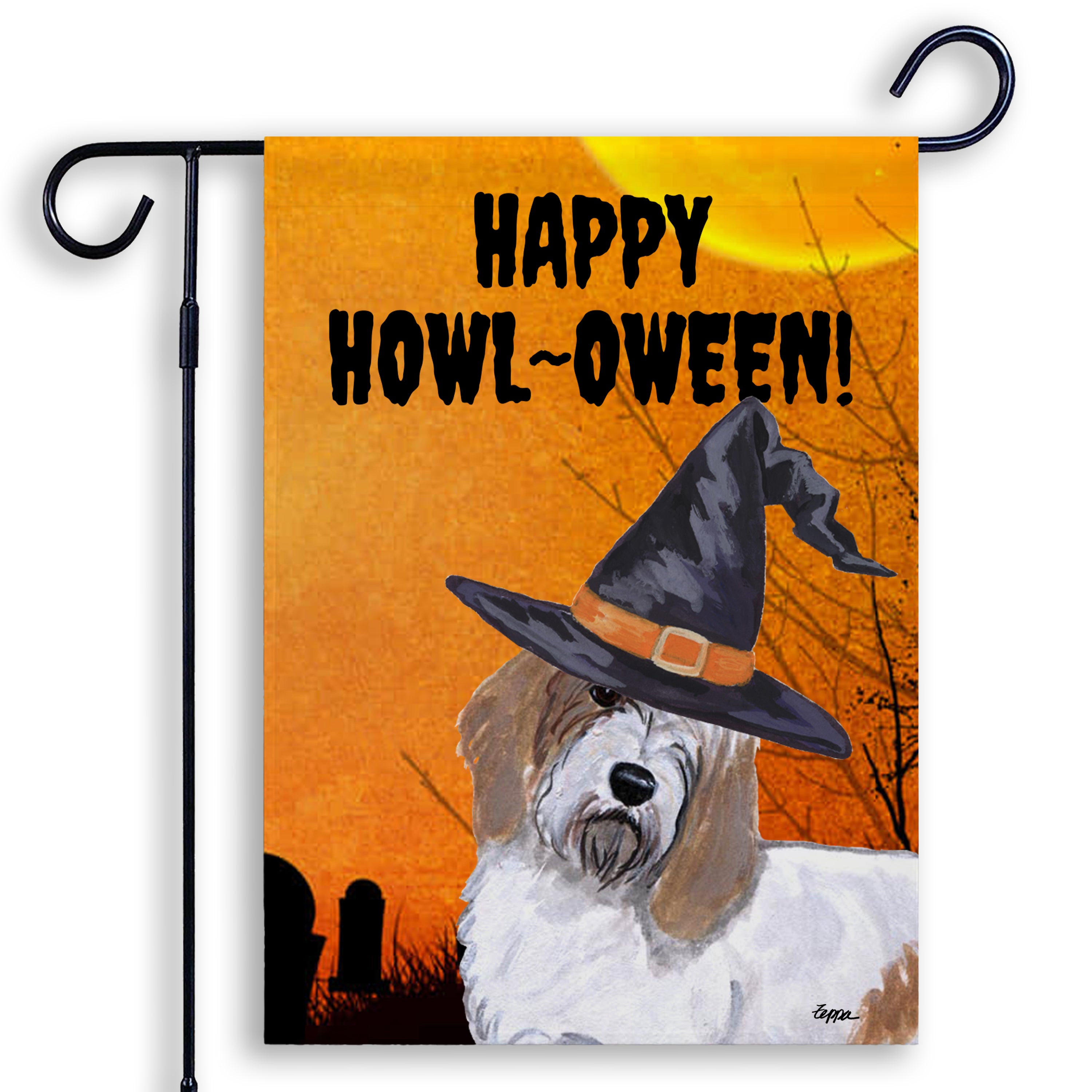 Halloween-themed garden flag with a Petite Basset Griffon Vendeen wearing a witch hat and 'Happy Howl-Oween!' text on an orange background.