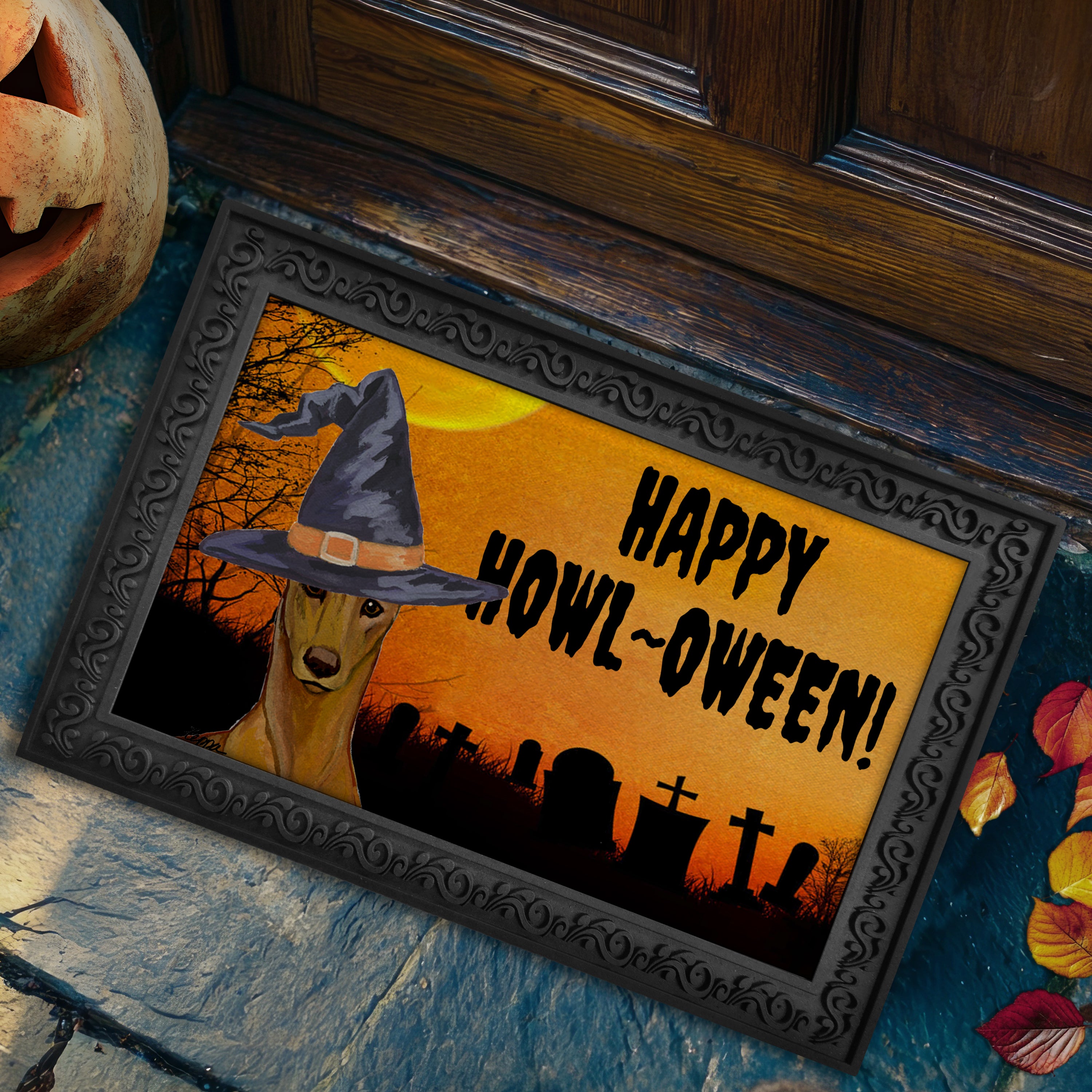 Halloween-themed doormat with a Pharaoh Hound wearing a witch hat and 'Happy Howl-Oween!' text.