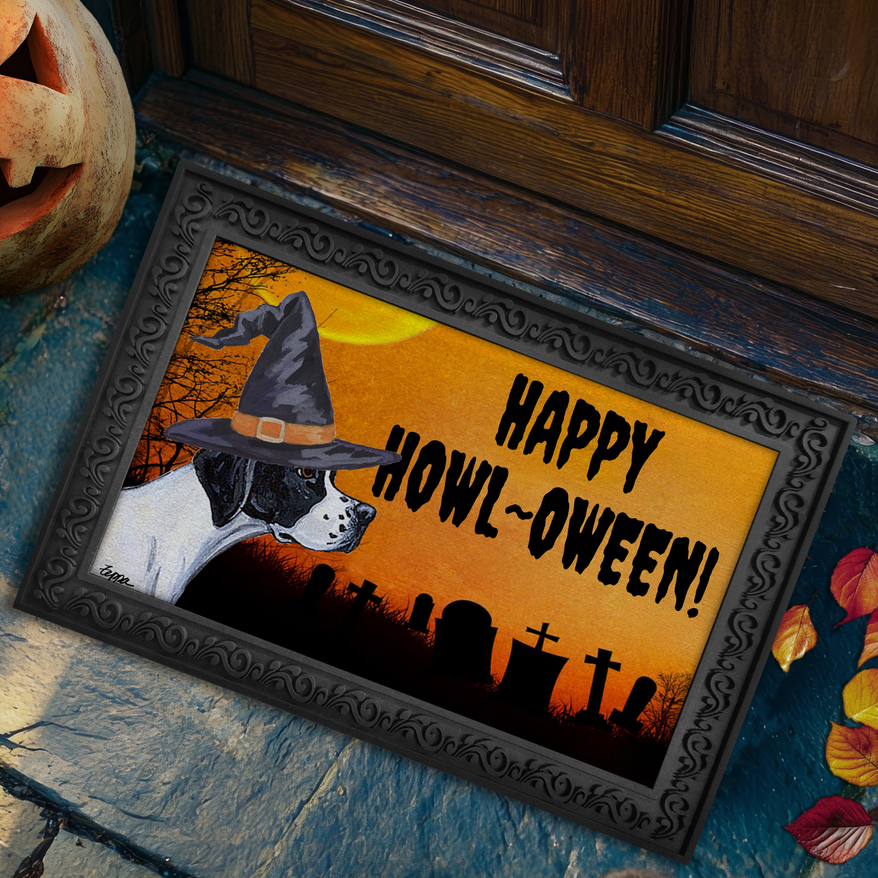 Halloween-themed doormat with a Pointer wearing a witch hat and 'Happy Howl-Oween!' text.