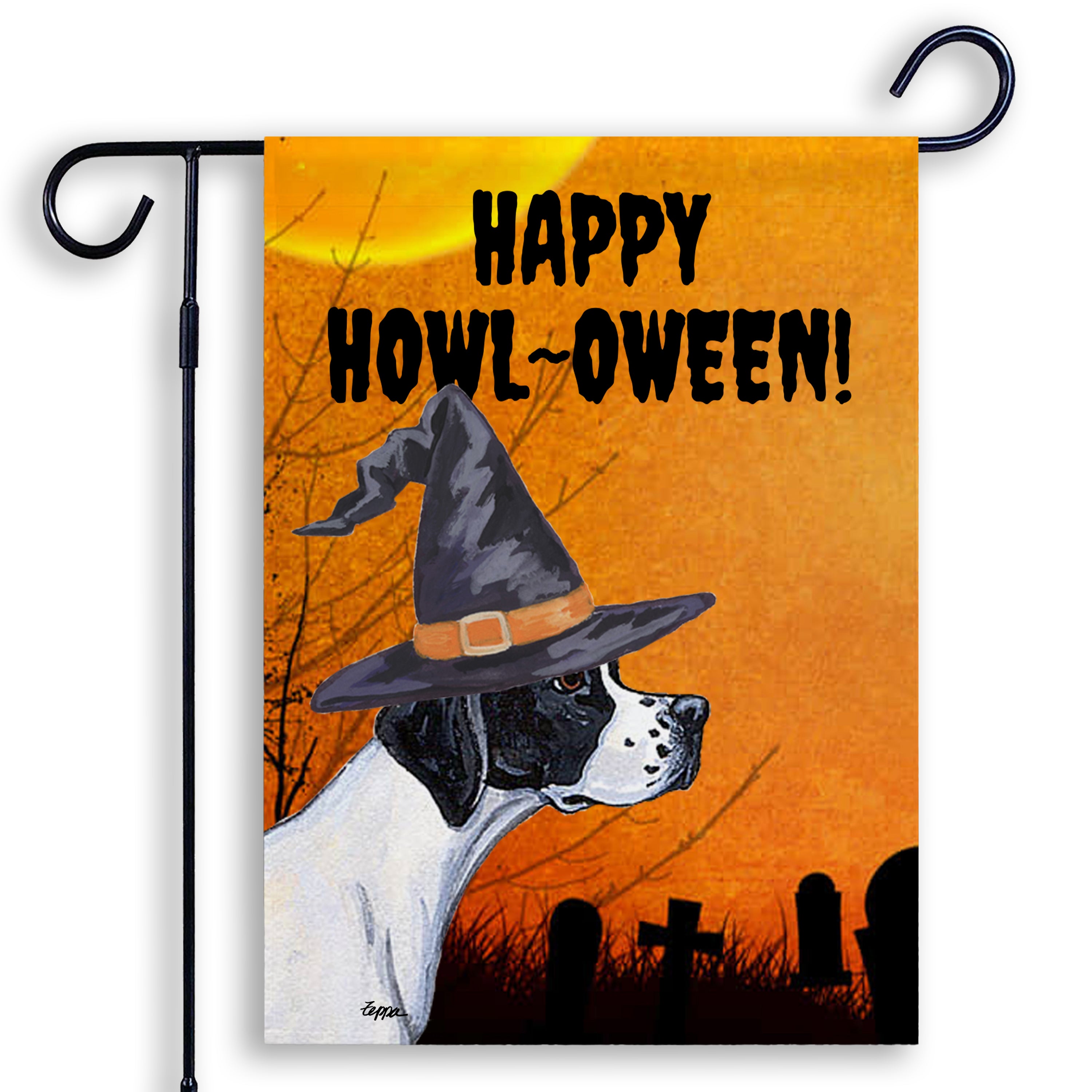 Halloween-themed garden flag with a Pointer wearing a witch hat and 'Happy Howl-Oween!' text on an orange background.