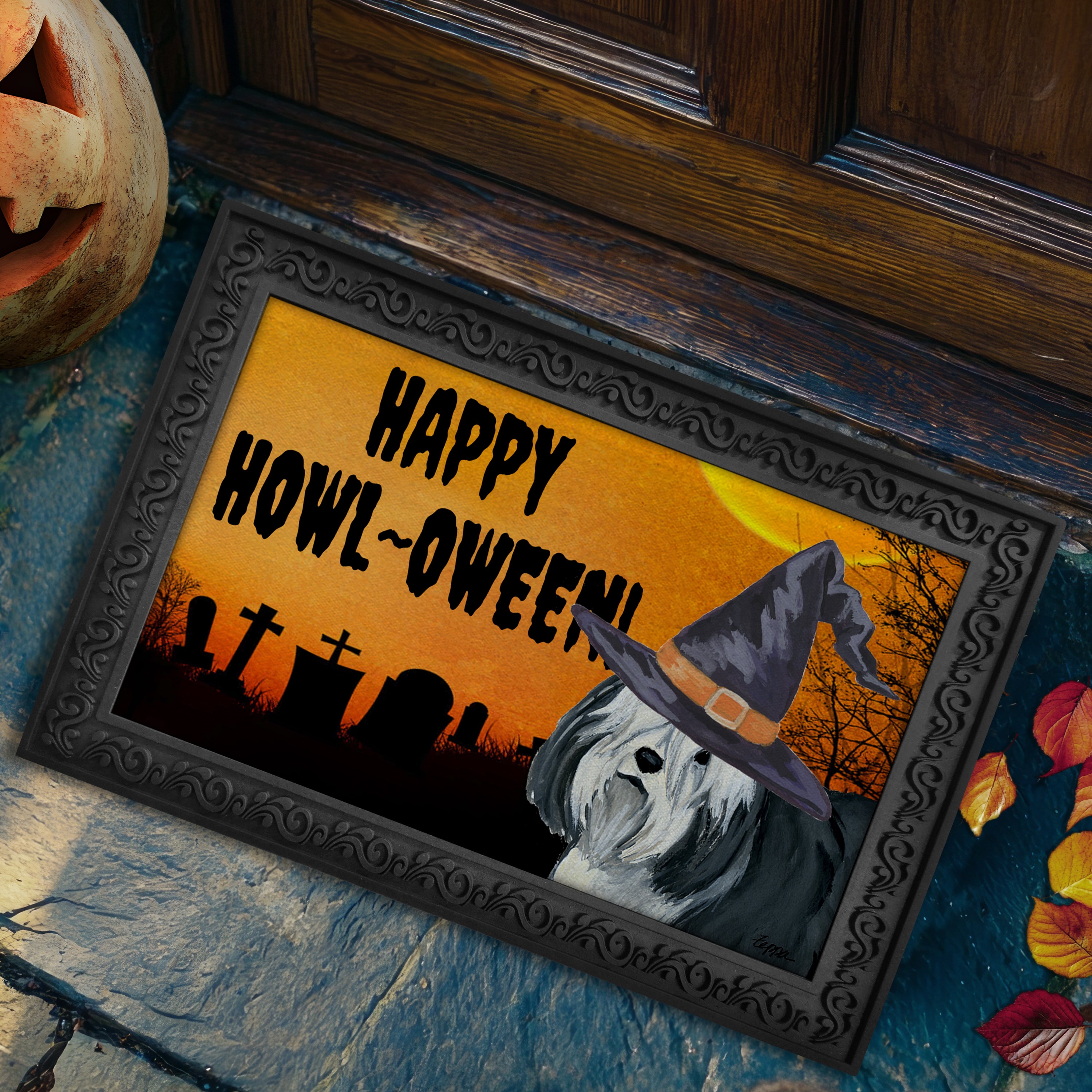 Halloween-themed doormat with aPolish Lowland Sheepdog wearing a witch hat and 'Happy Howl-Oween!' text on a doorstep.