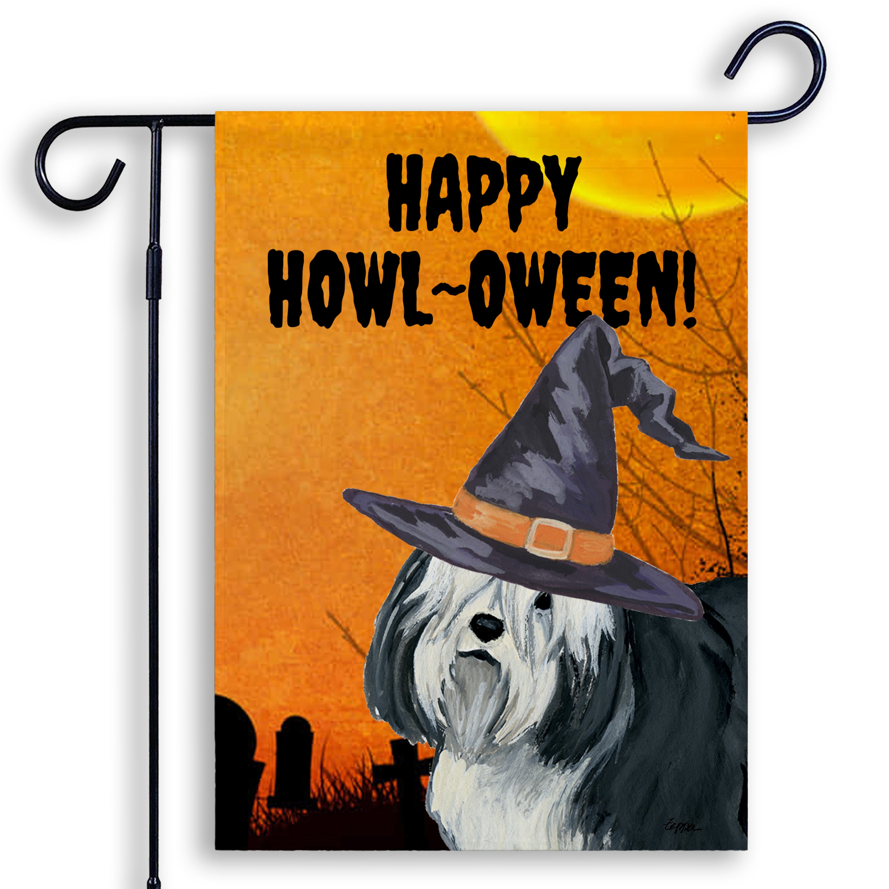 Halloween-themed garden flag with a Polish Lowland Sheepdog wearing a witch hat and 'Happy Howl-Oween!' text on an orange background.