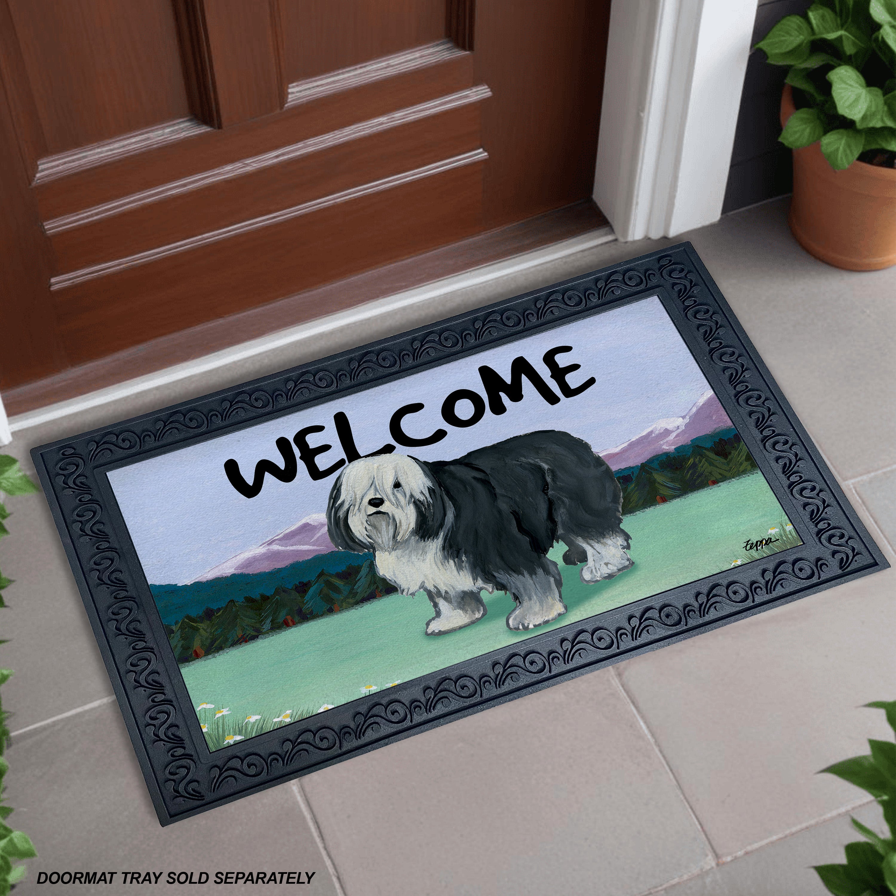 Polish Lowland Sheepdog Mountain Scene Welcome Mat