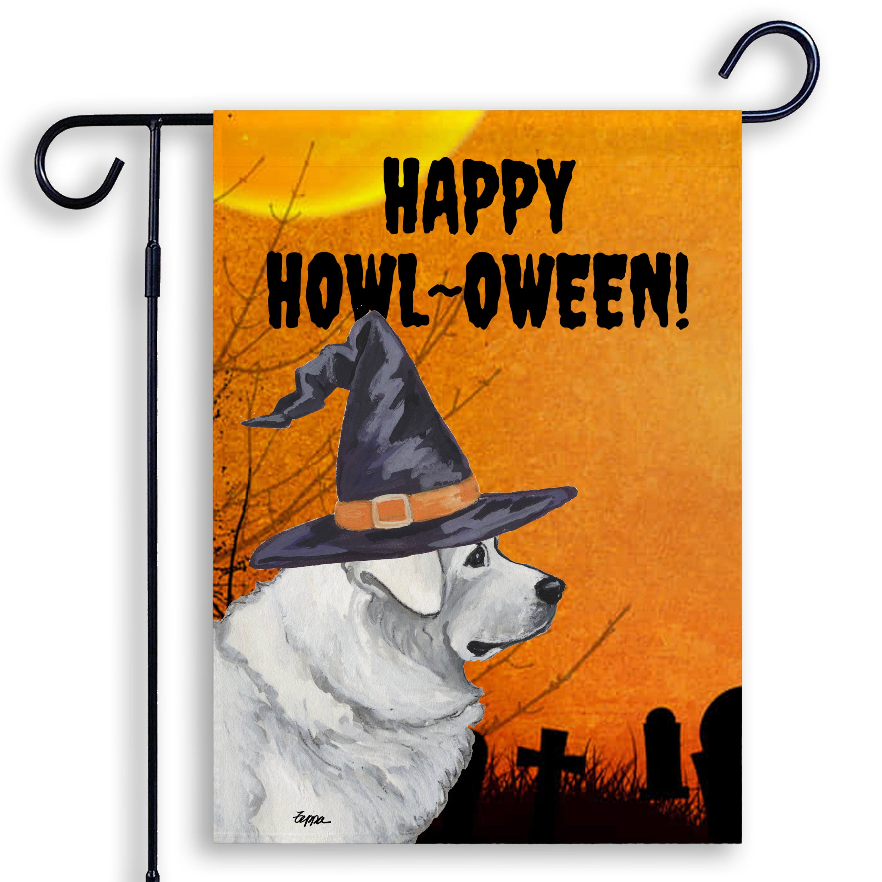 Halloween-themed garden flag with a Polish Tatra Sheepdog wearing a witch hat and 'Happy Howl-Oween!' text.