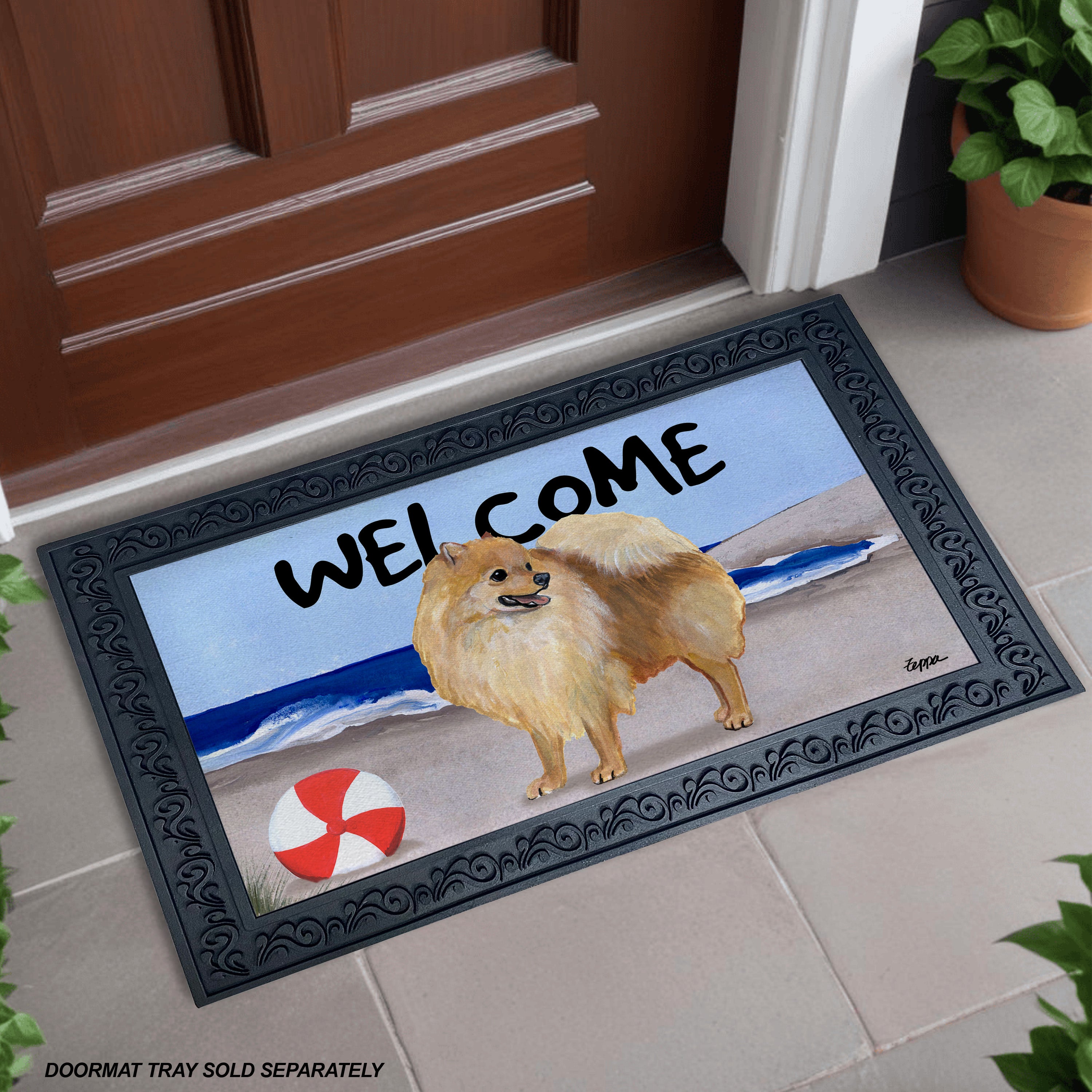 Pomeranian Beach Scene Welcome Mat