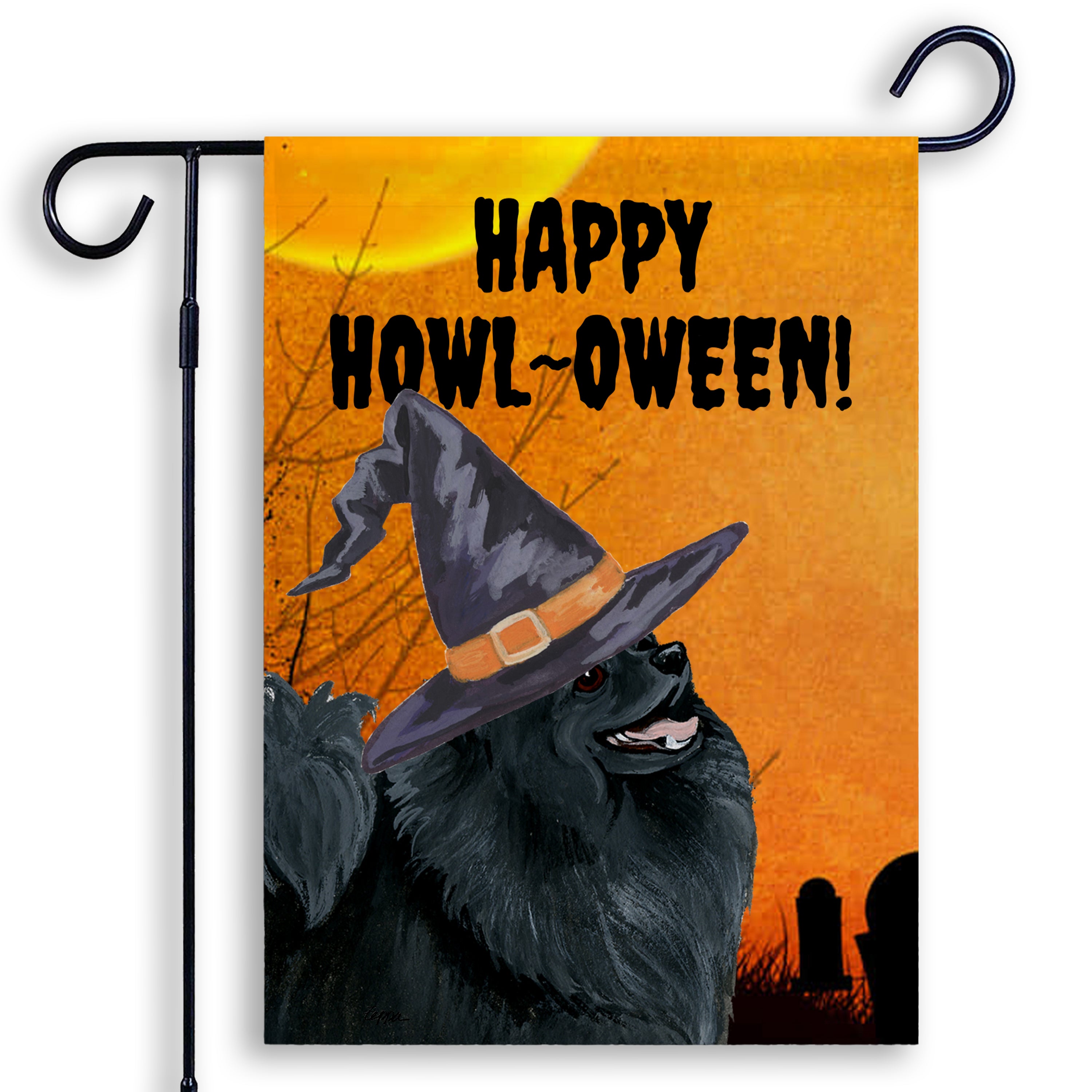 Halloween-themed garden flag with a Pomeranian wearing a witch hat and 'Happy Howl-Oween!' text on an orange background.