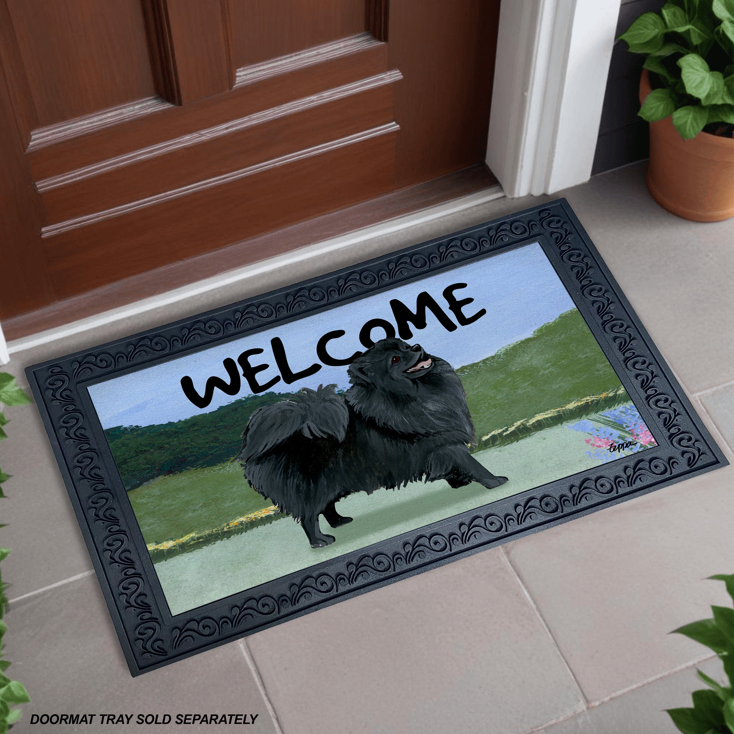 Black Pomeranian Yard Scene Welcome Mat