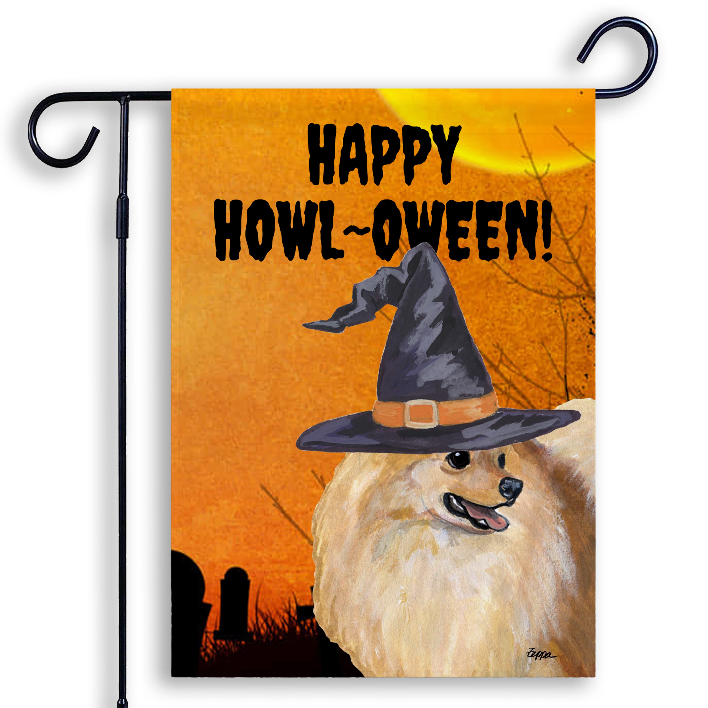 Halloween-themed garden flag with a Pomeranian wearing a witch hat and 'Happy Howl-Oween!' text on an orange background.