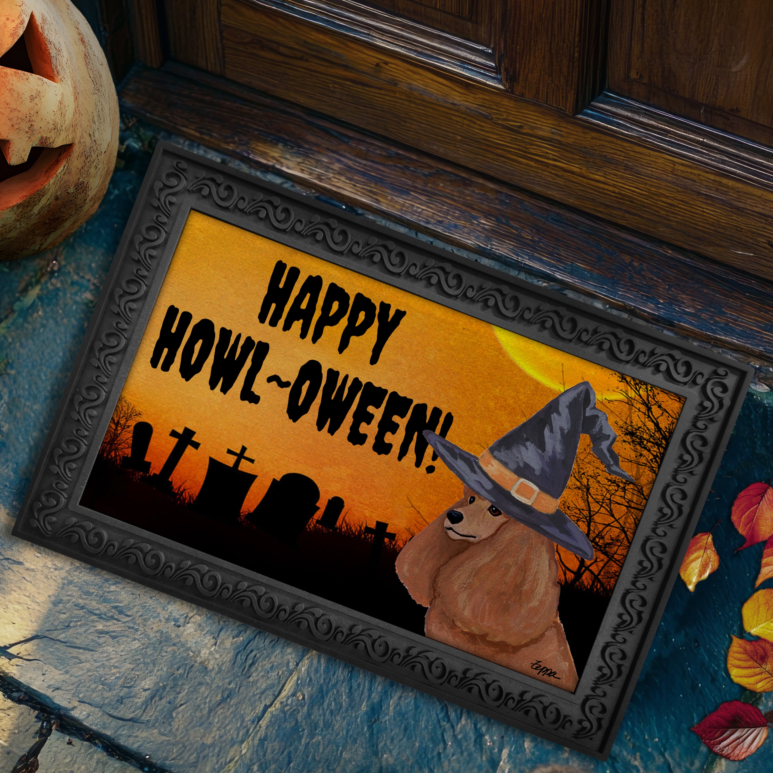Halloween-themed doormat with a Poodle wearing a witch hat and 'Happy Howl-Oween!' text.