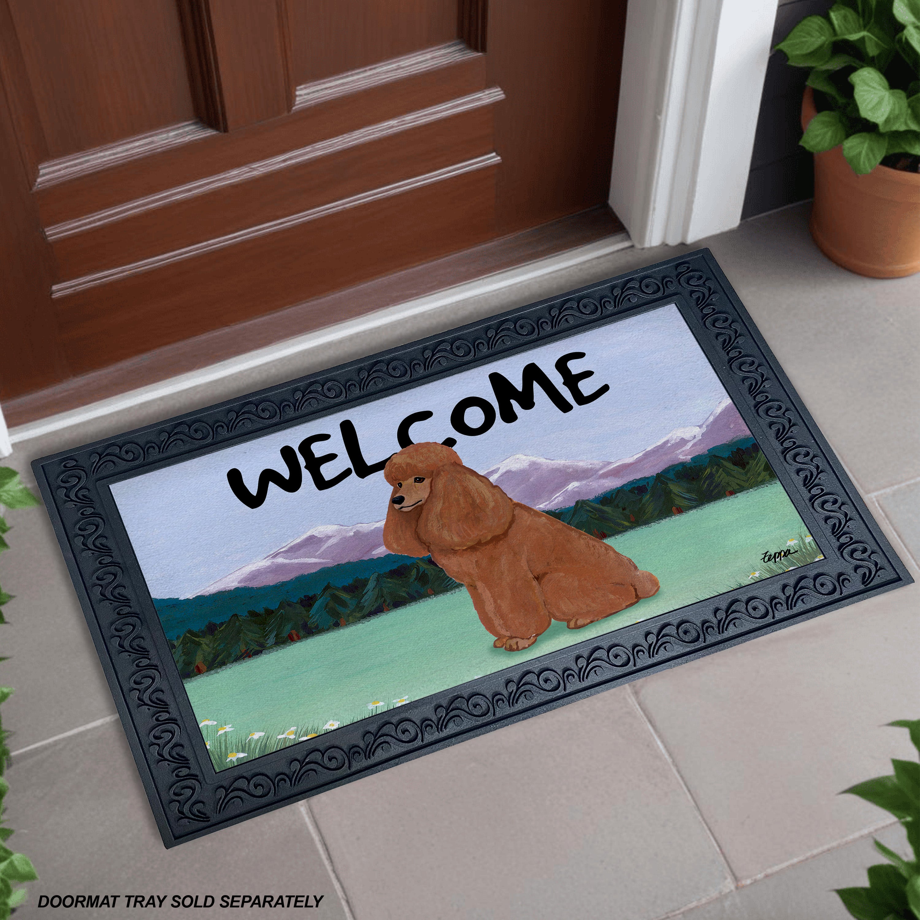 Apricot Poodle Mountain Scene Welcome Mat