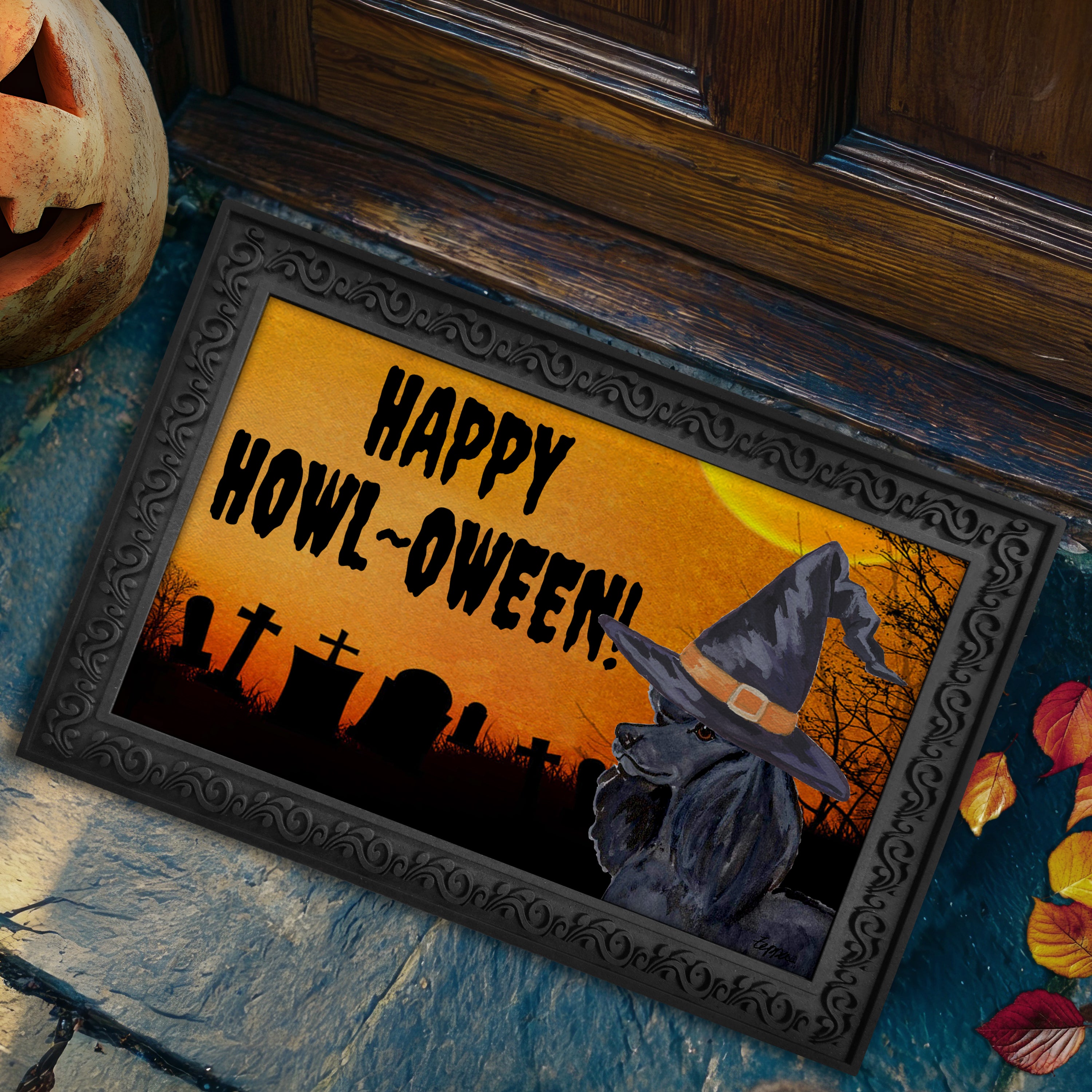 Halloween-themed doormat with a Poodle wearing a witch hat and 'Happy Howl-Oween!' text.