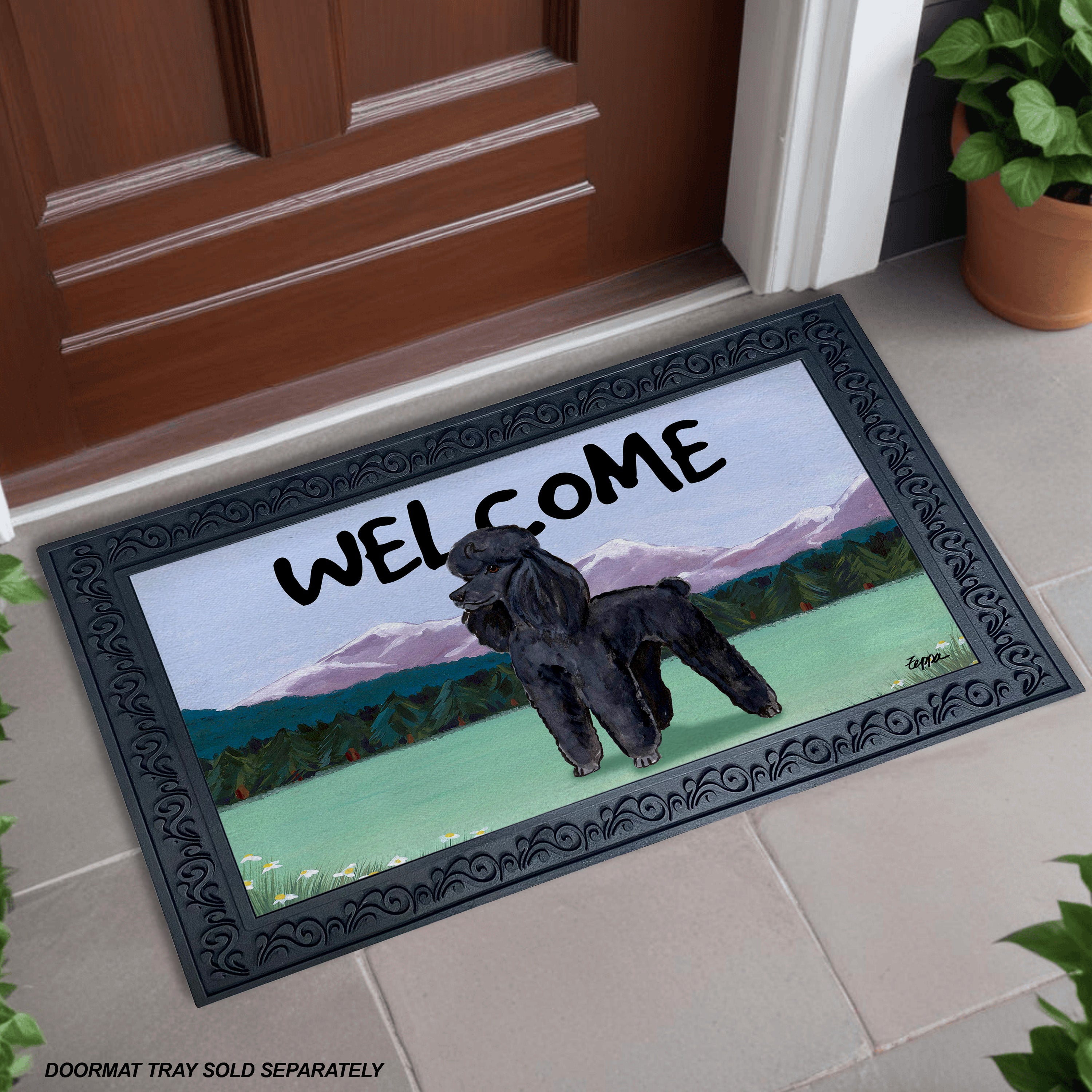 Black Poodle Mountain Scene Welcome Mat