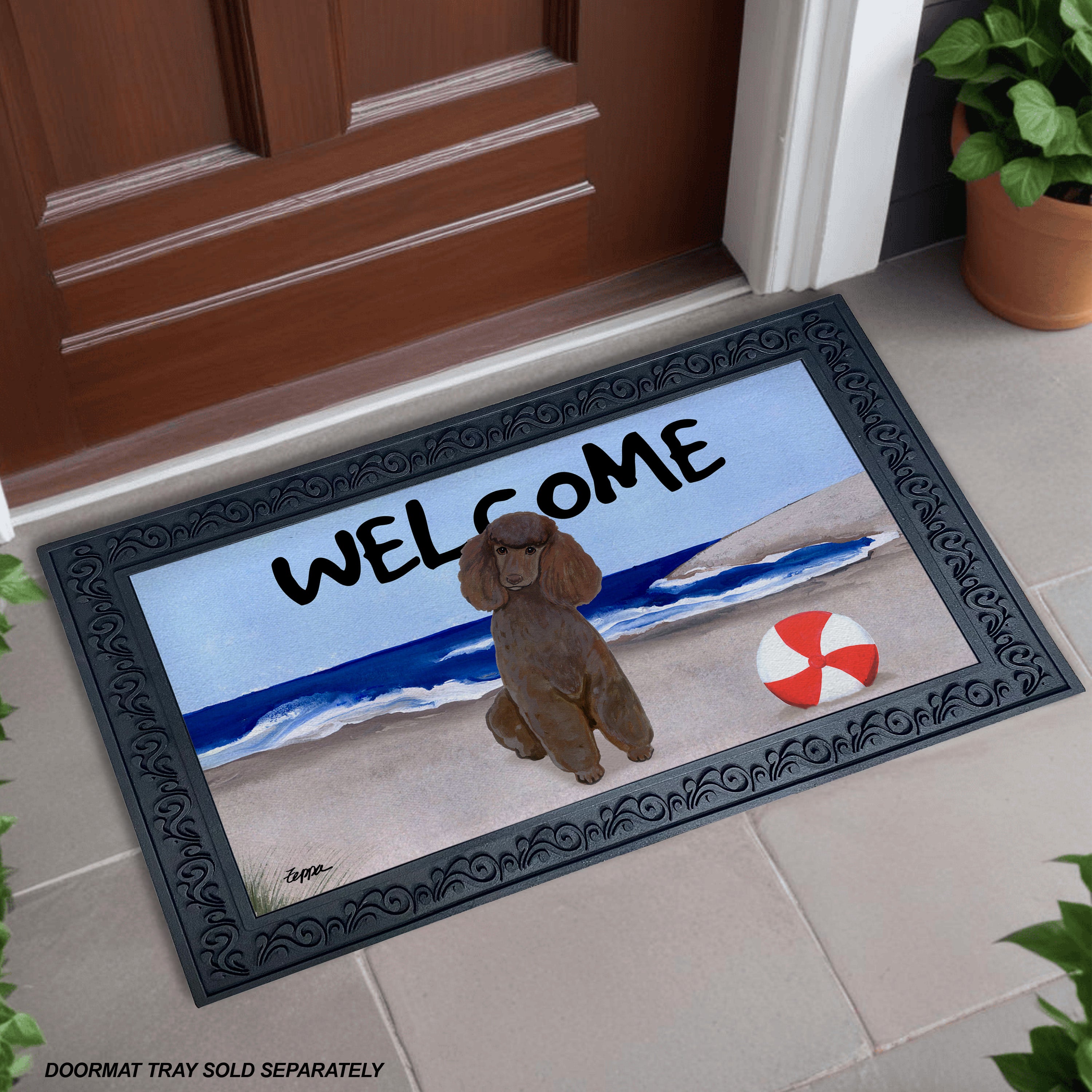 Chocolate Poodle Beach Scene Welcome Mat