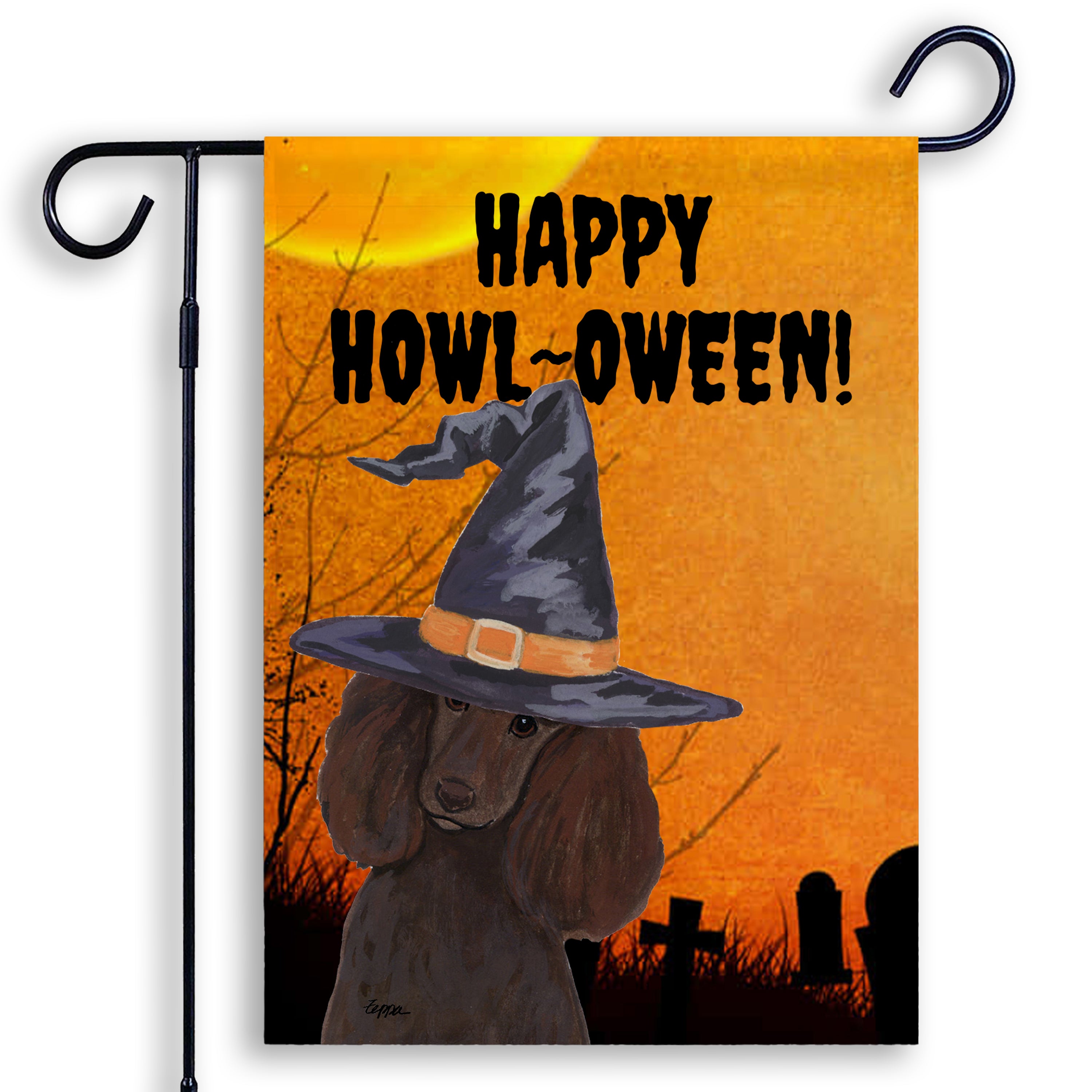 Halloween-themed garden flag with a Poodle wearing a witch hat and 'Happy Howl-Oween!' text on an orange background.