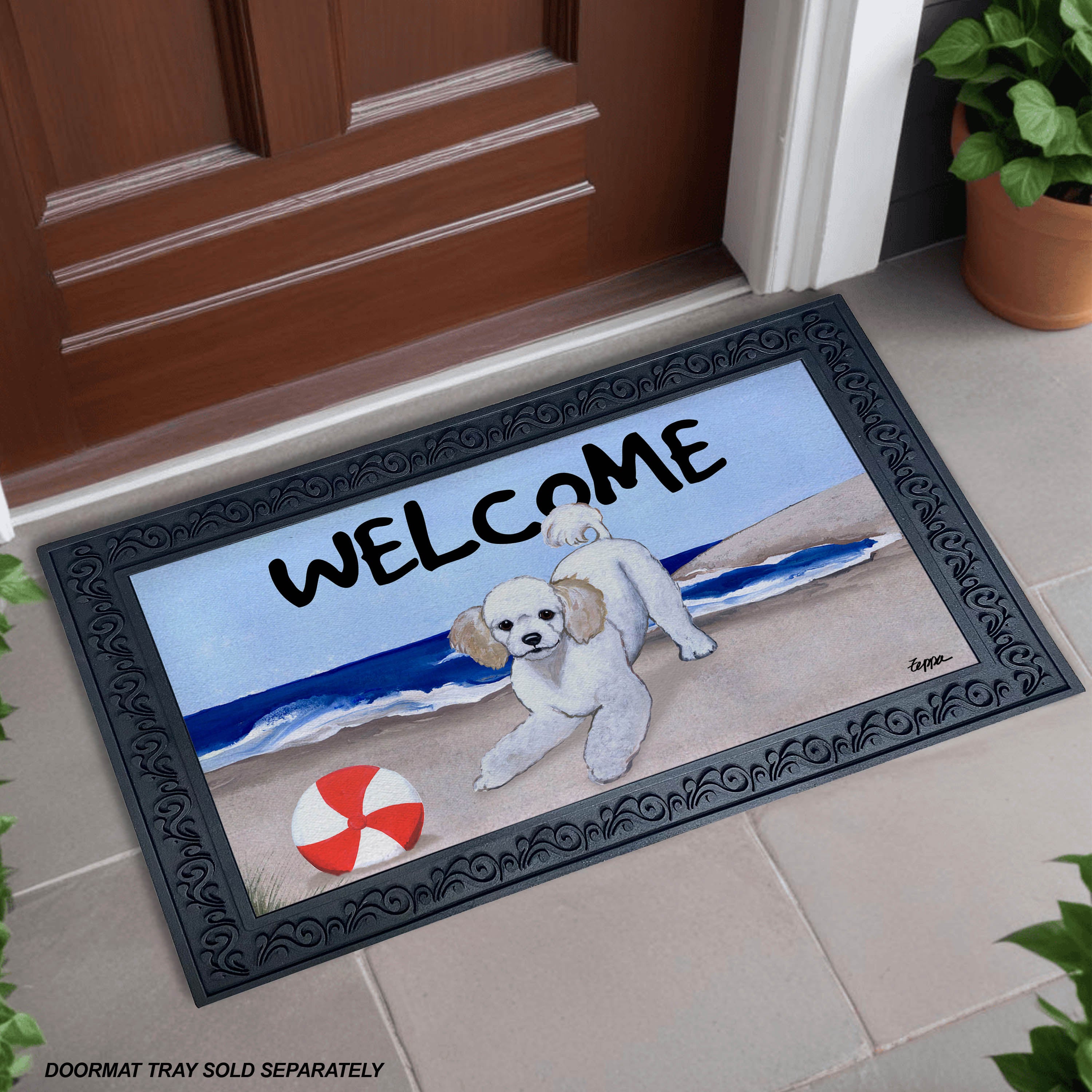 Poodle Puppy Beach Scene Welcome Mat