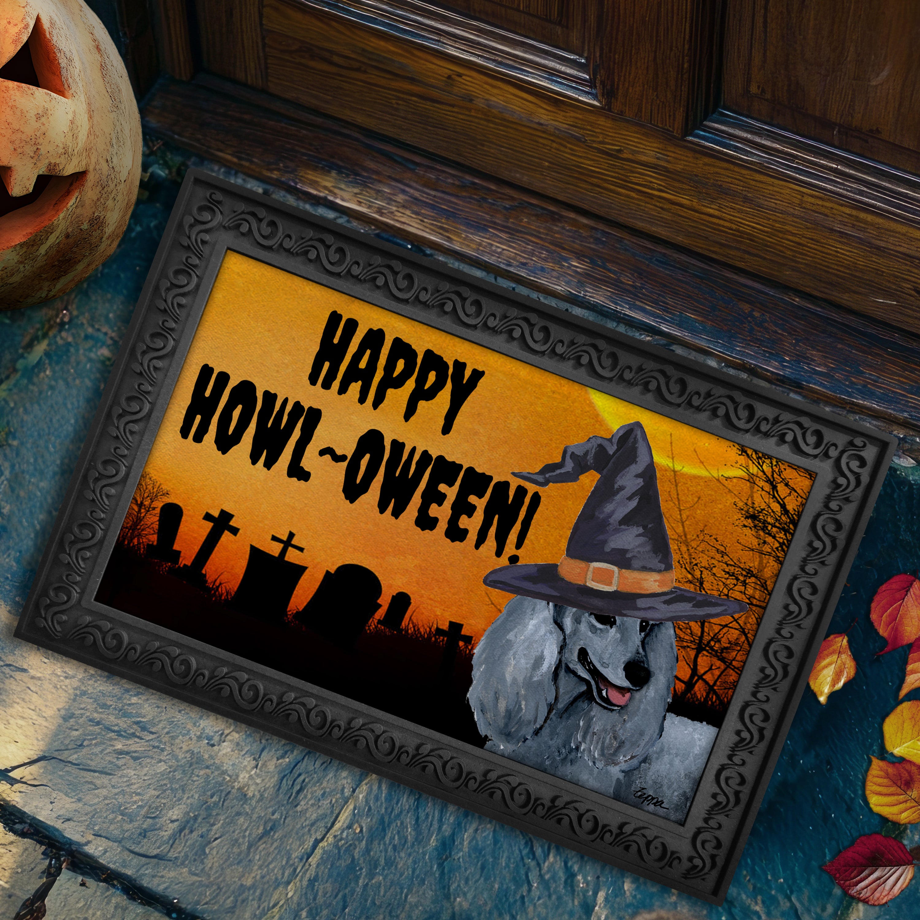 Halloween-themed doormat with a Poodle wearing a witch hat and 'Happy Howl-Oween!' text.