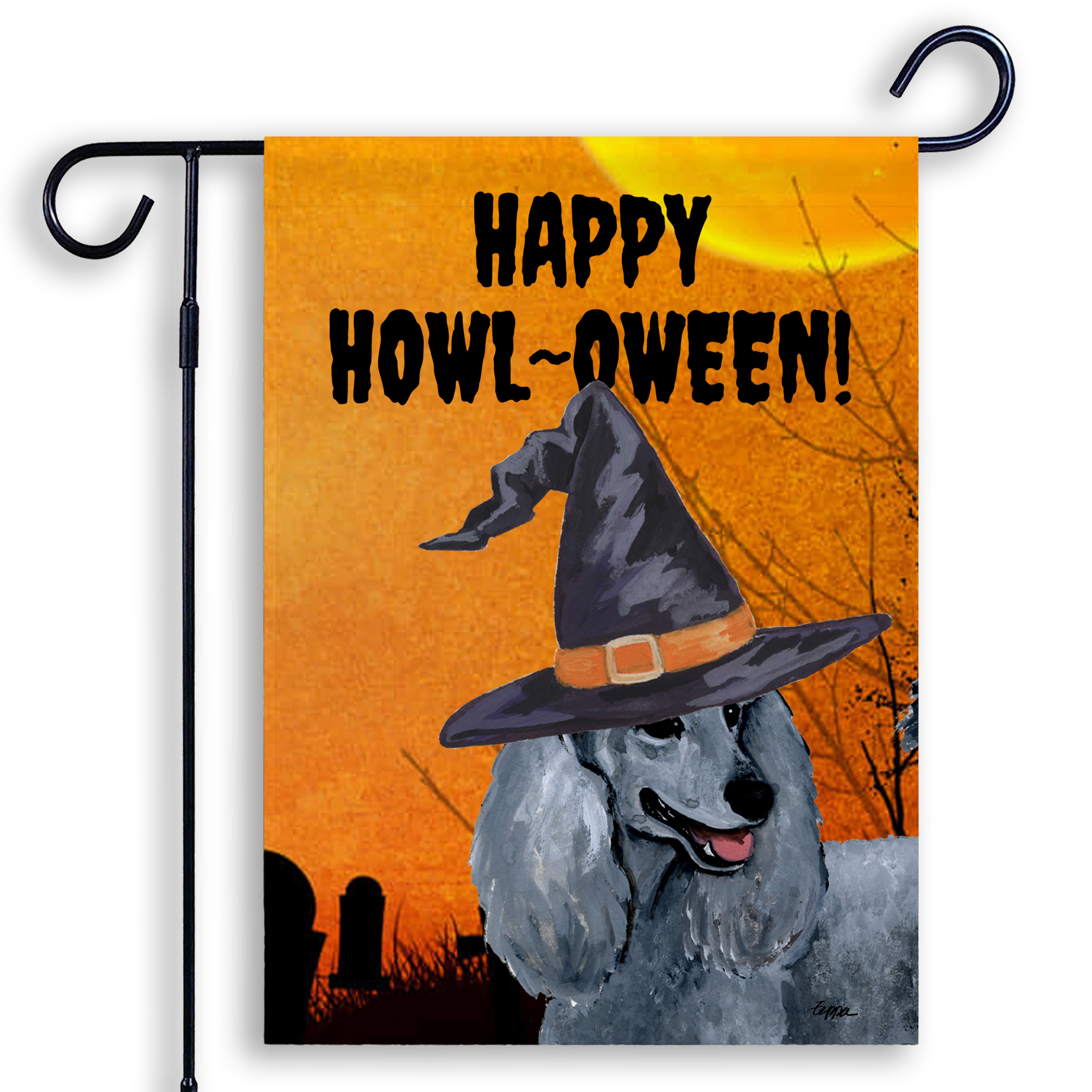 Halloween-themed garden flag with a Poodle wearing a witch hat and 'Happy Howl-Oween!' text on an orange background.