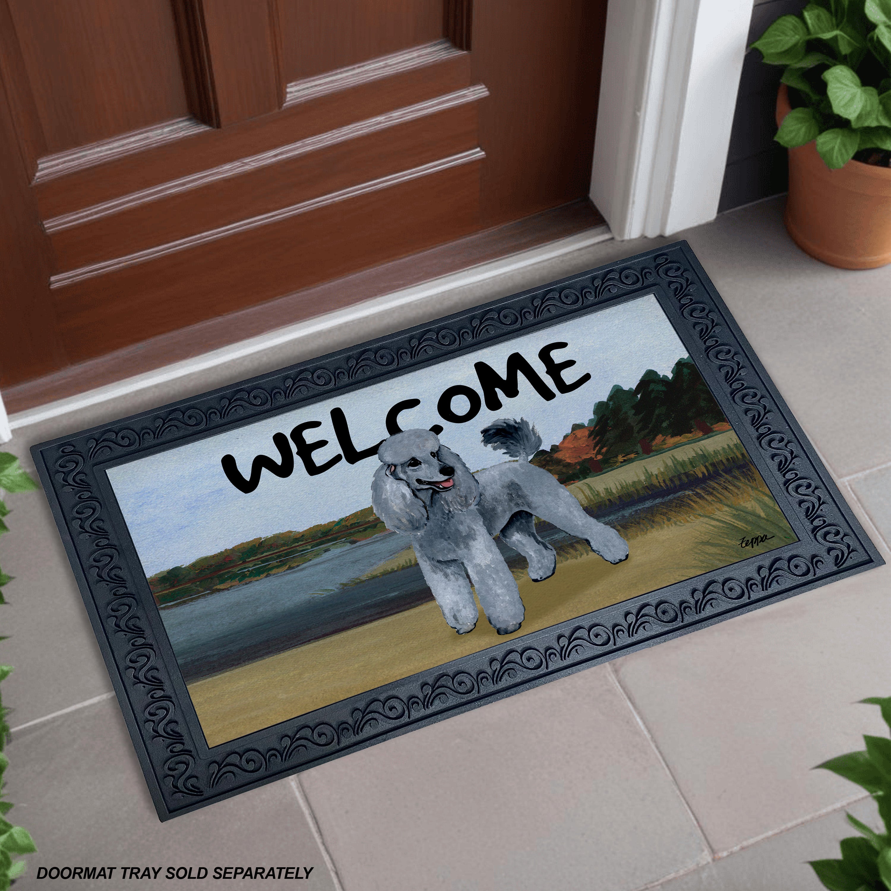 Silver Poodle Lake Scene Welcome Mat