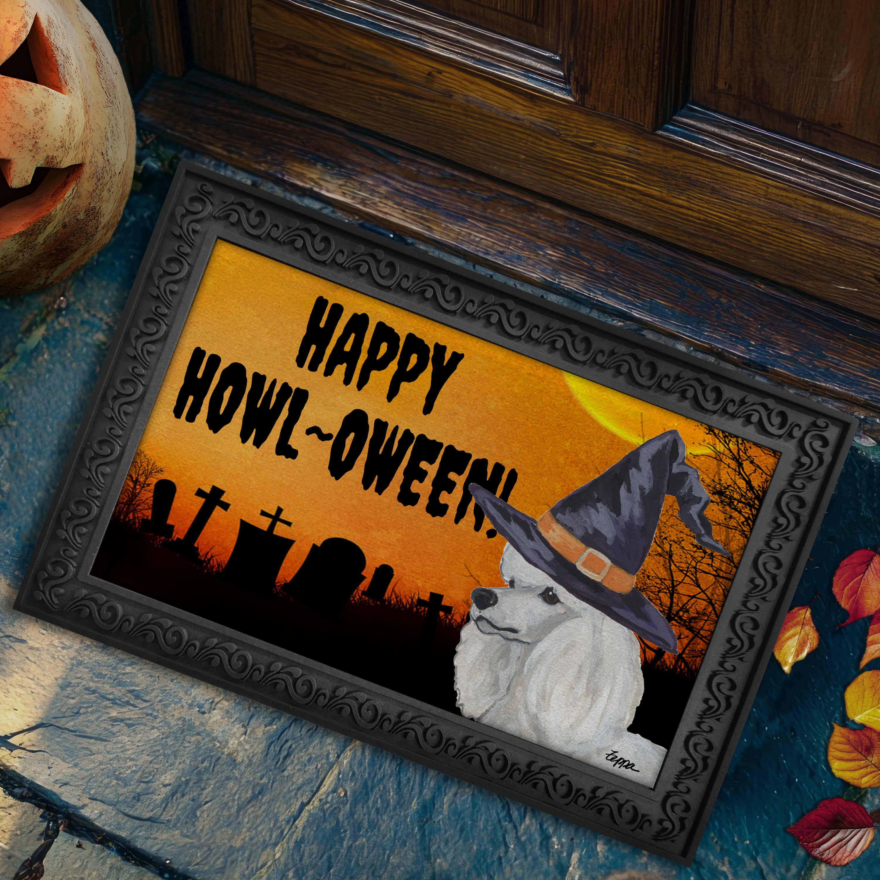 Halloween-themed doormat with a Poodle wearing a witch hat and 'Happy Howl-Oween!' text.