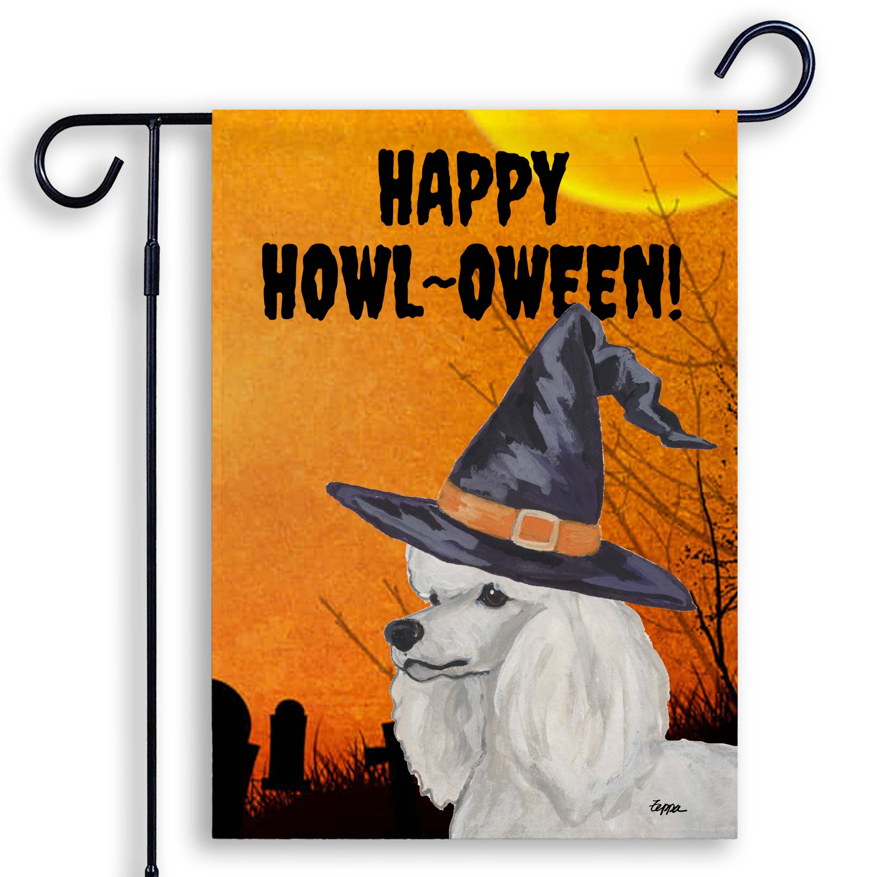 Halloween-themed garden flag with a Poodle wearing a witch hat and 'Happy Howl-Oween!' text on an orange background.