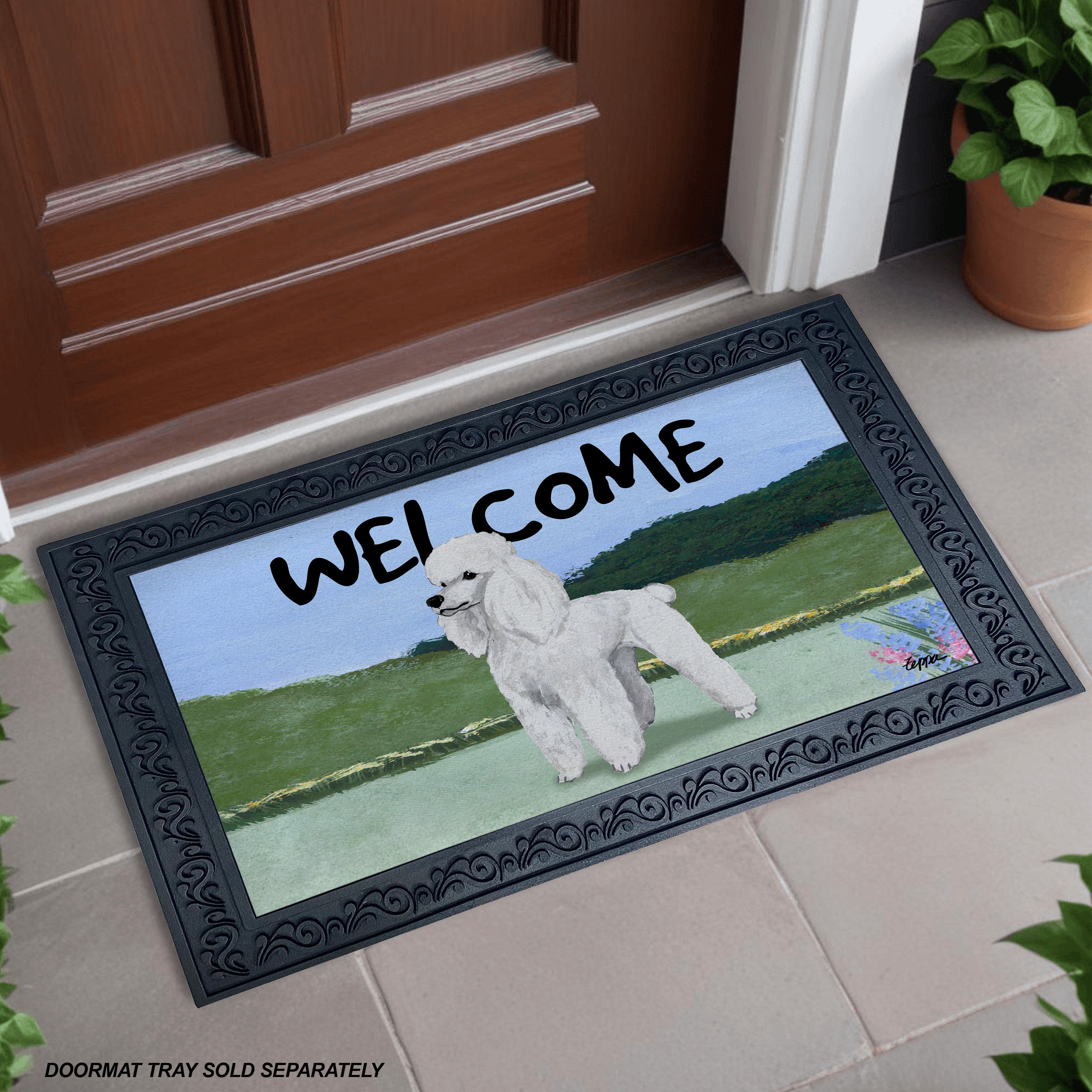 White Poodle Yard Scene Welcome Mat