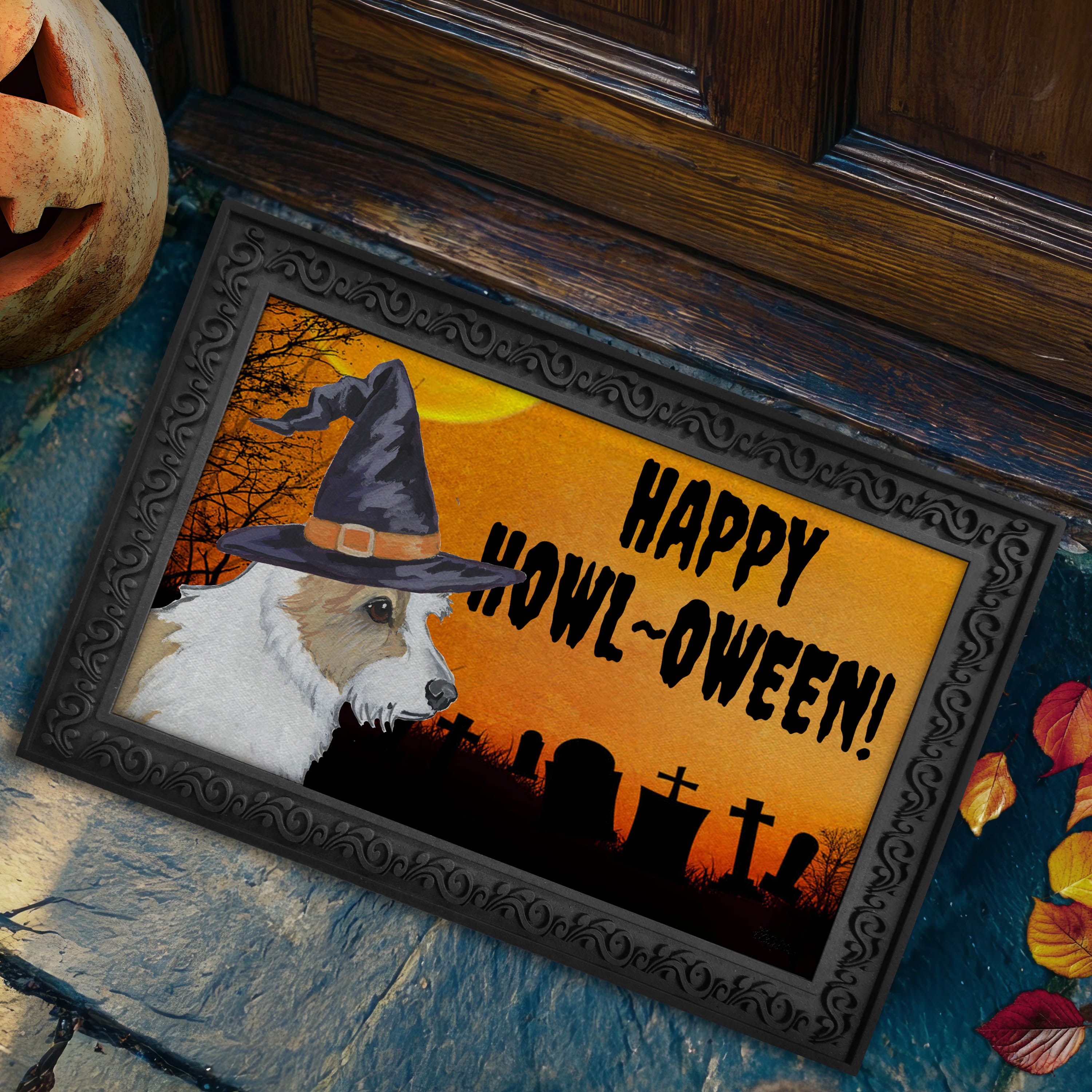 Portuguese Podengo Pequeno in a witch's hat on a Happy Howl-ween doormat.