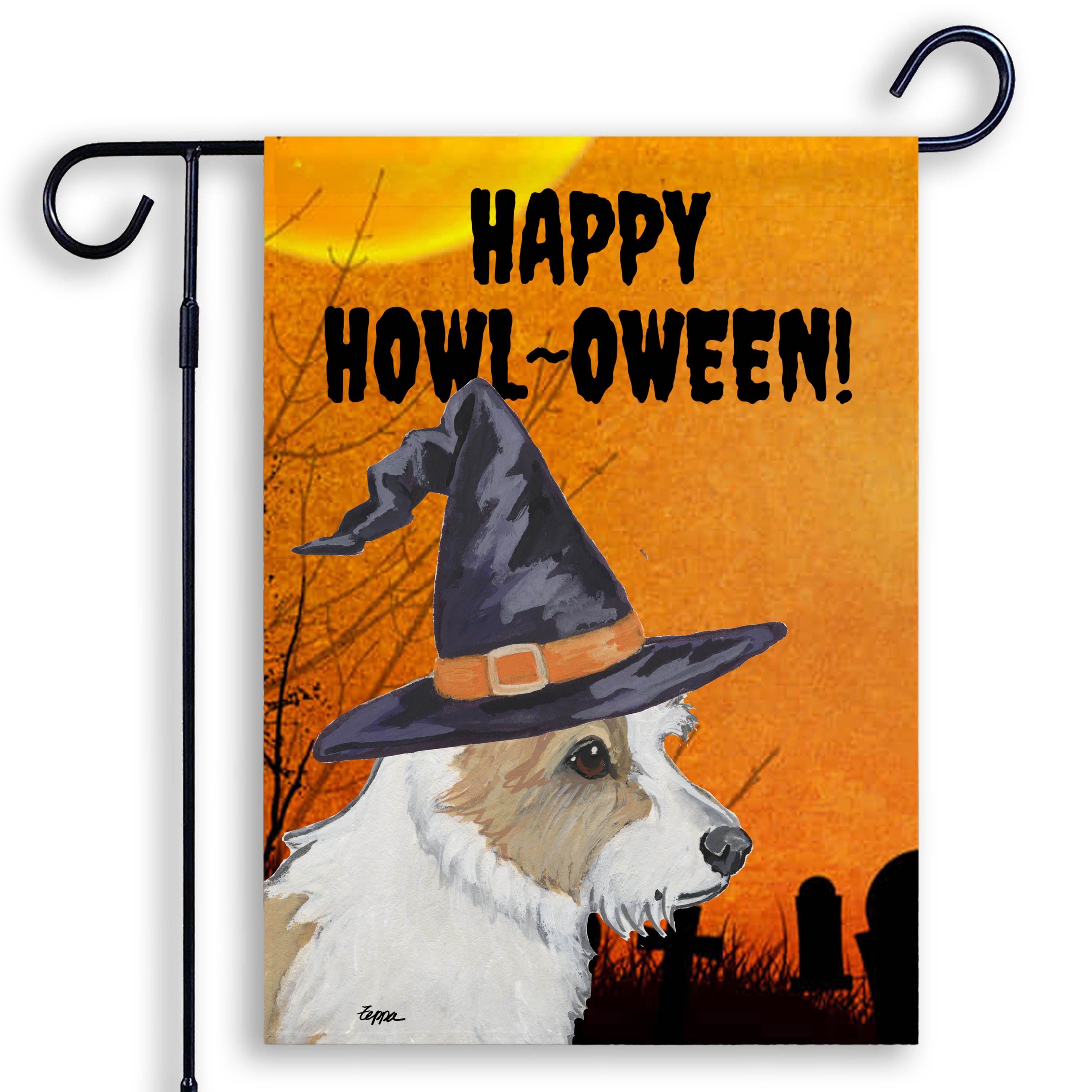 Halloween-themed garden flag with a Portuguese Podengo Pequeno wearing a witch hat and 'Happy Howl-Oween!' text on an orange background.