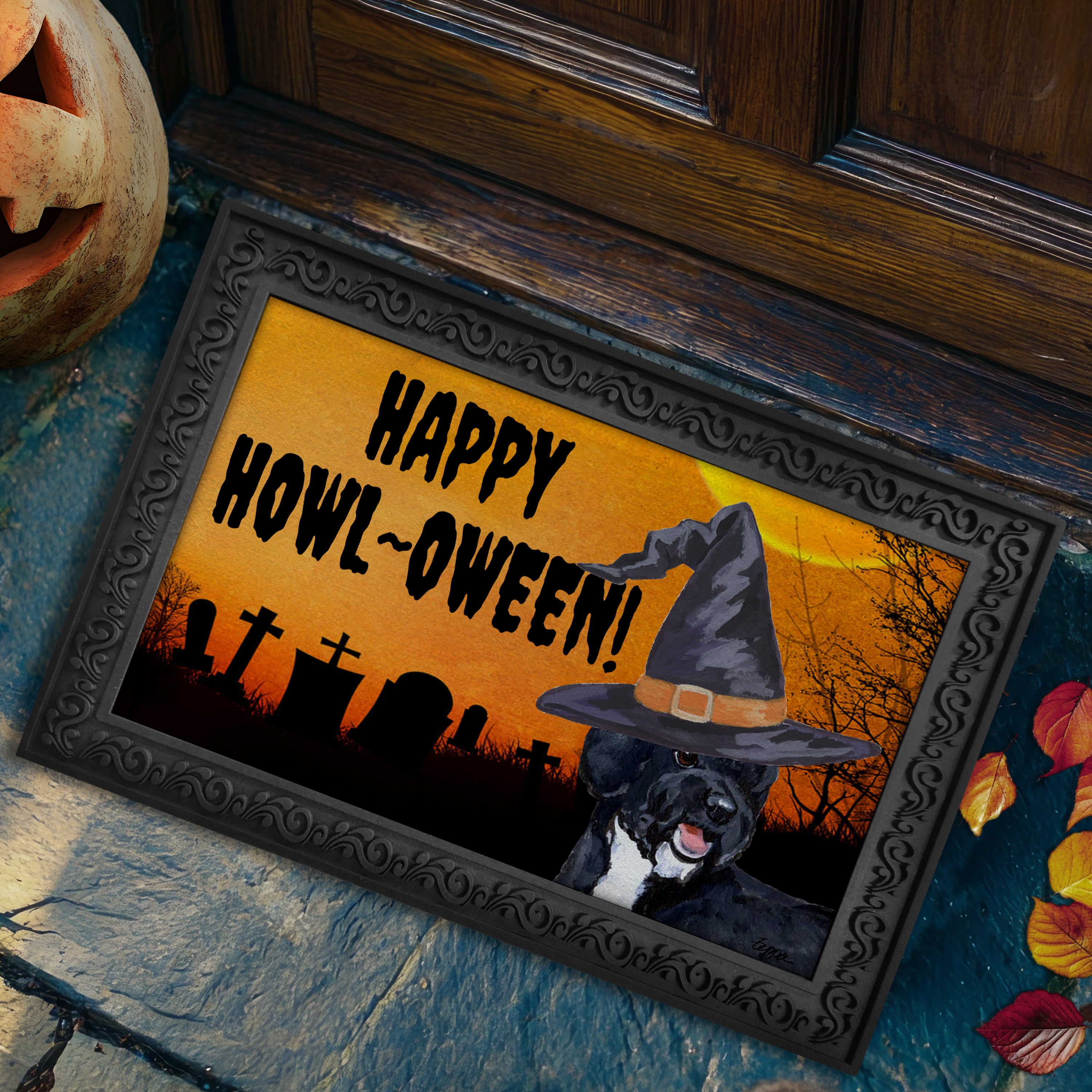 A Portuguese Water Dog in a witch's hat on a Happy Howl-oween Doormat.