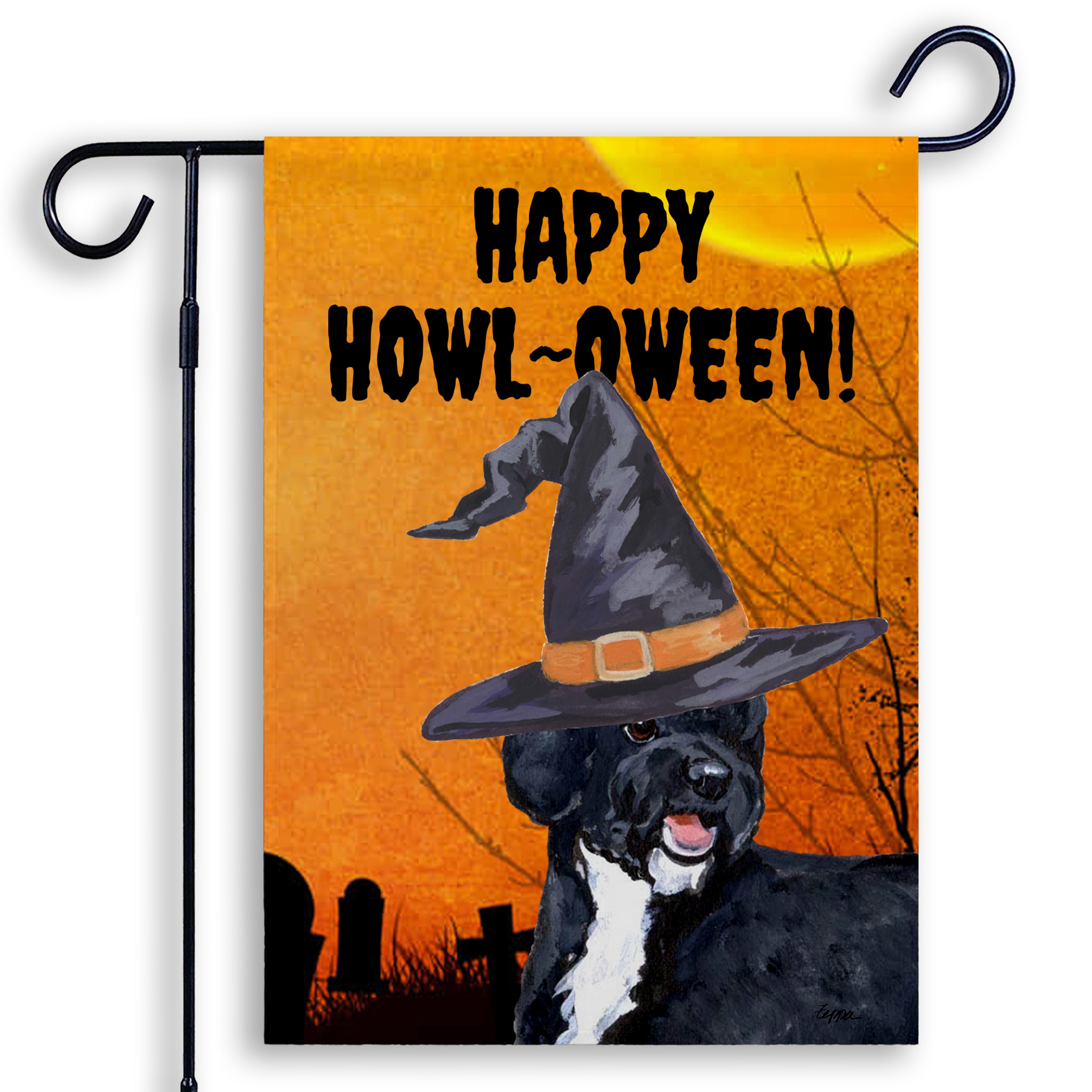Portuguese Water Dog in a witch's hat on a halloween themed Garden Flag.