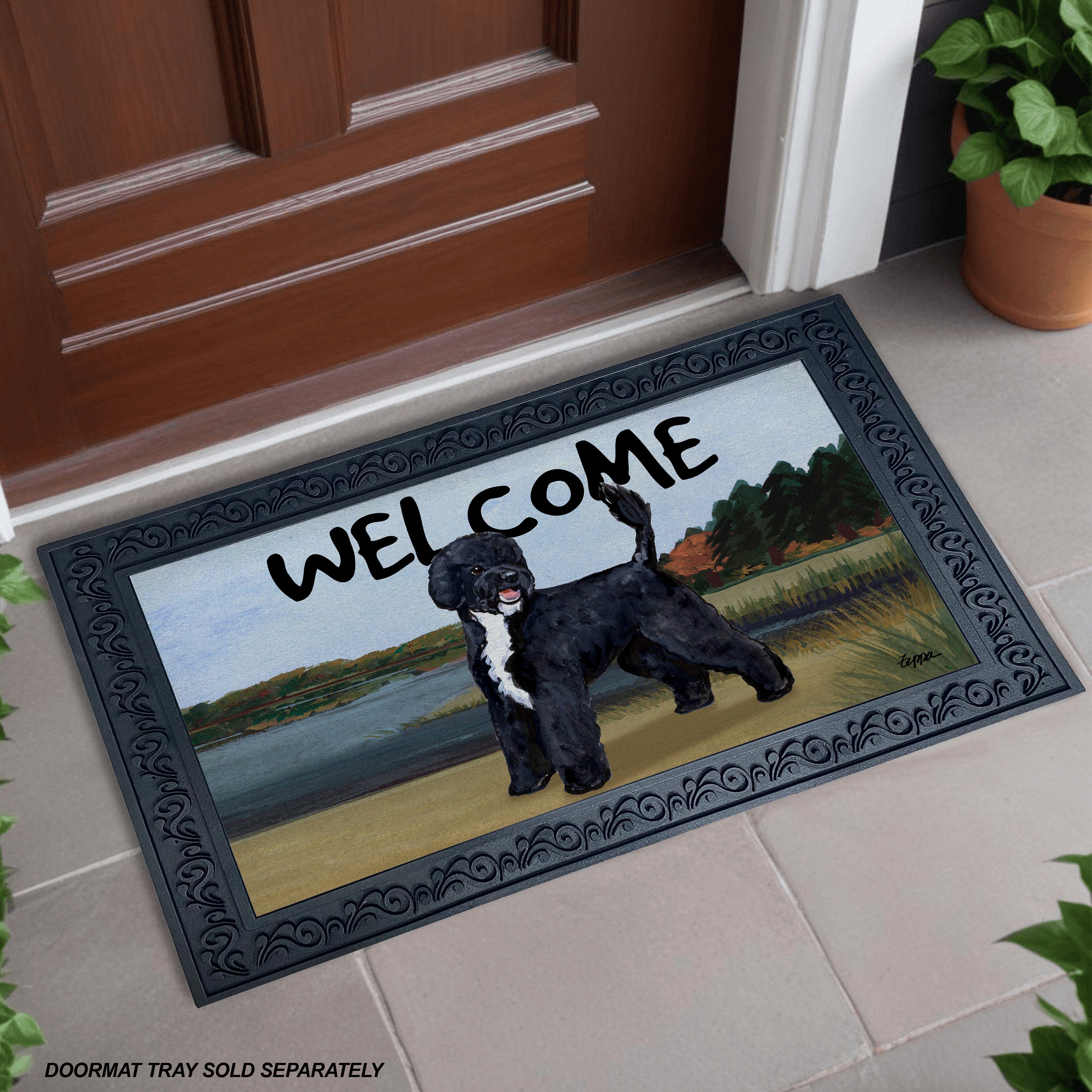 Portuguese Water Dog Lake Scene Welcome Mat