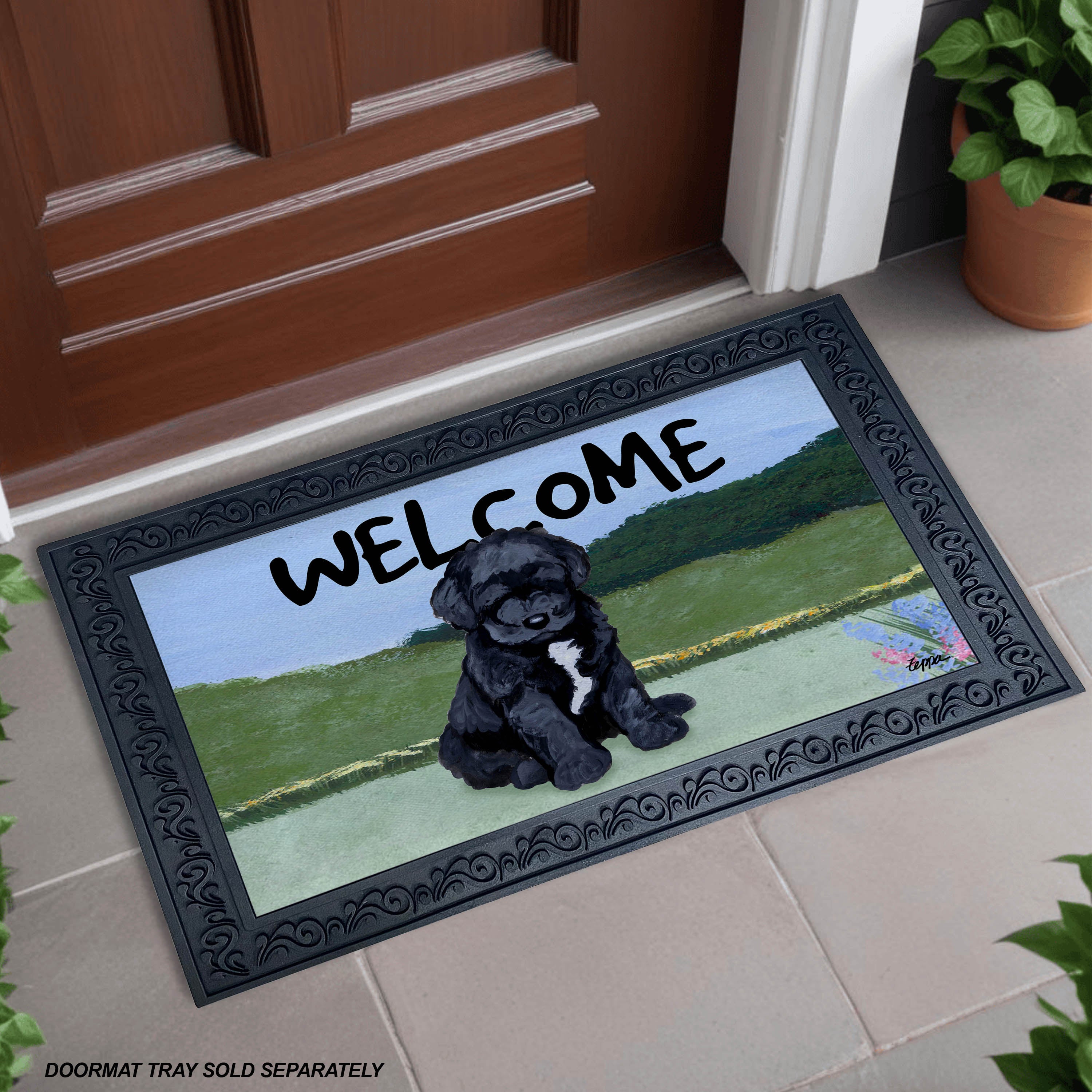 Portuguese Water Dog Puppy Yard Scene Welcome Mat