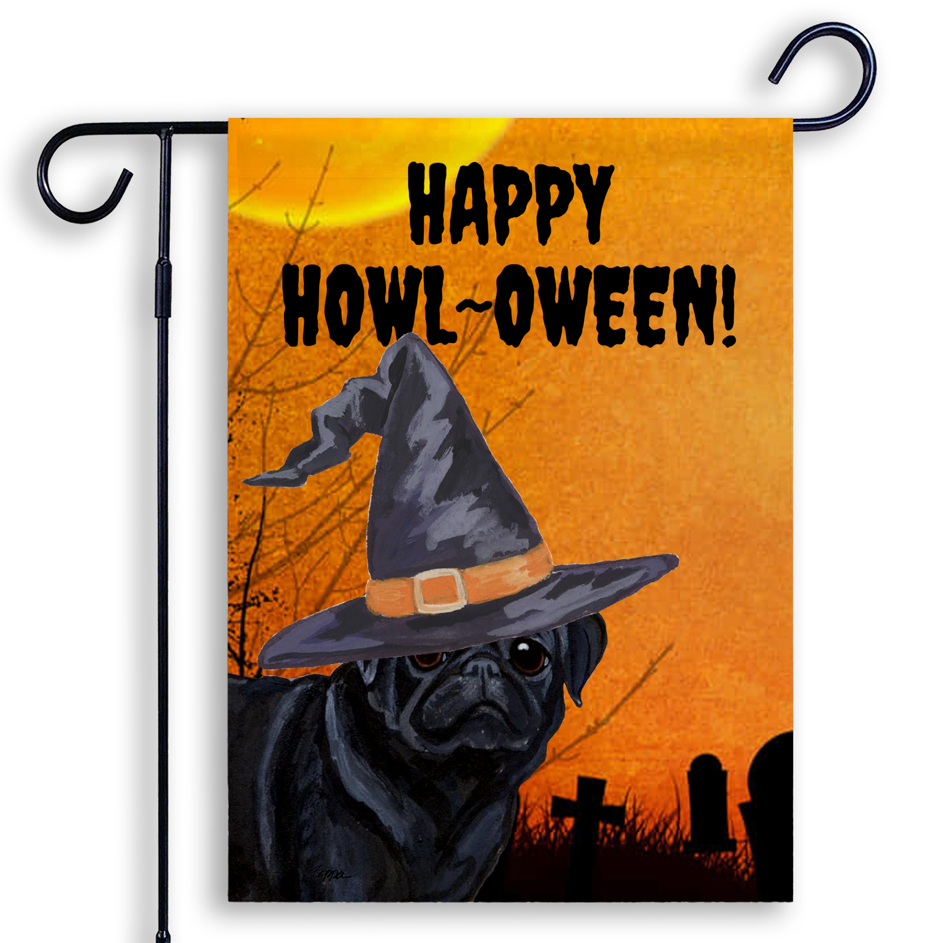 Halloween-themed garden flag with a Pug wearing a witch hat and 'Happy Howl-oween!' text.