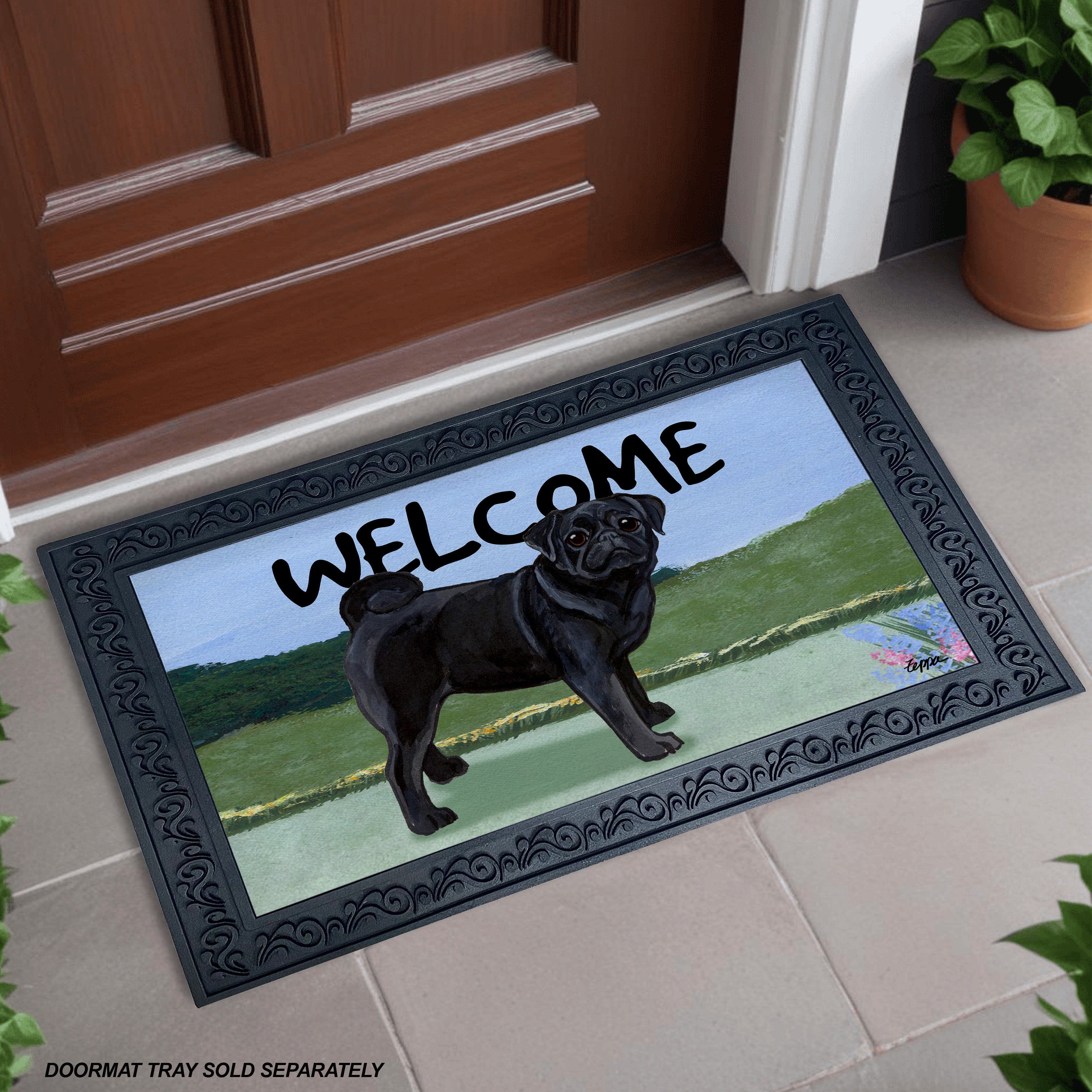 Black Pug Yard Scene Welcome Mat