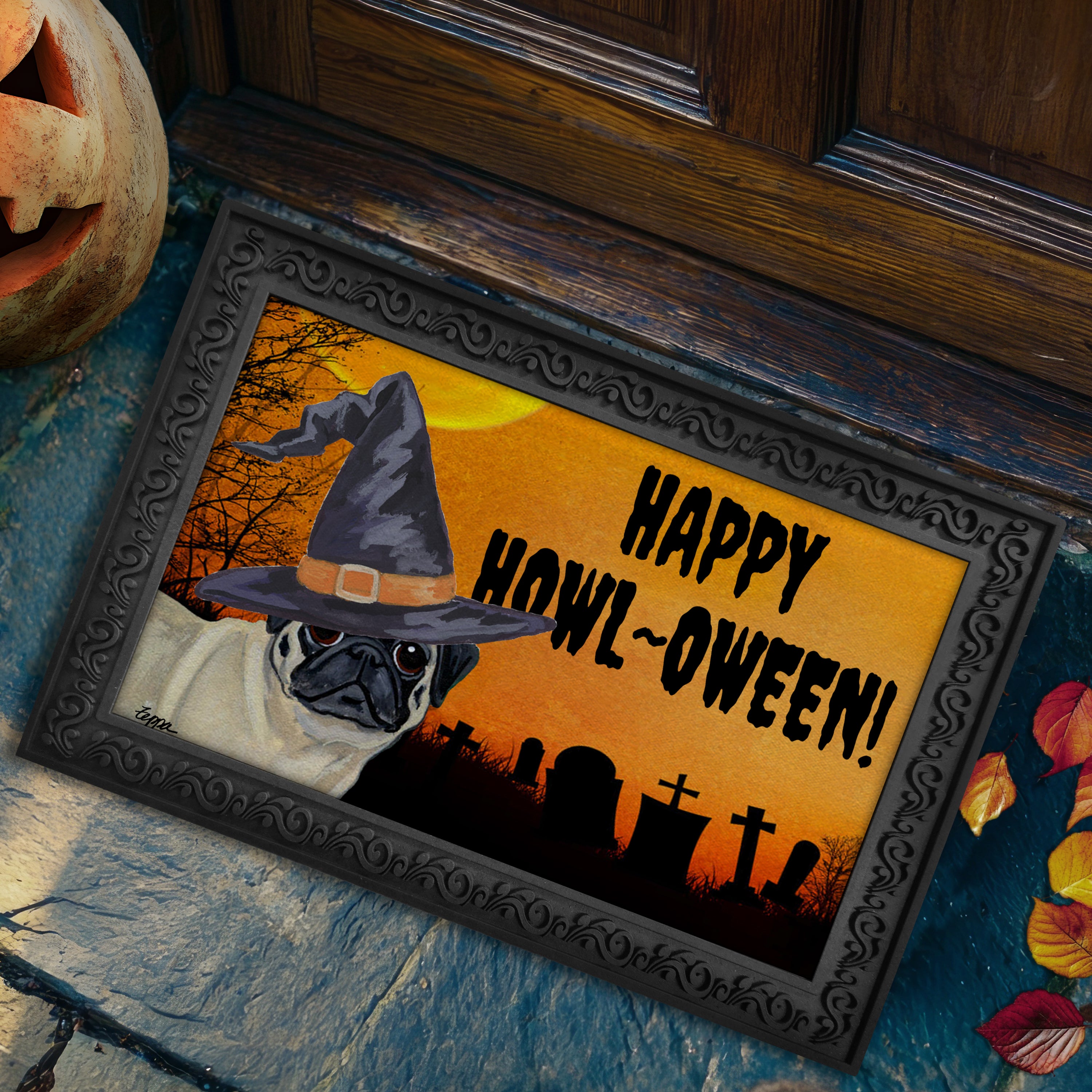 Halloween-themed doormat with a Pug wearing a witch hat and 'Happy Howl-Oween!' text.