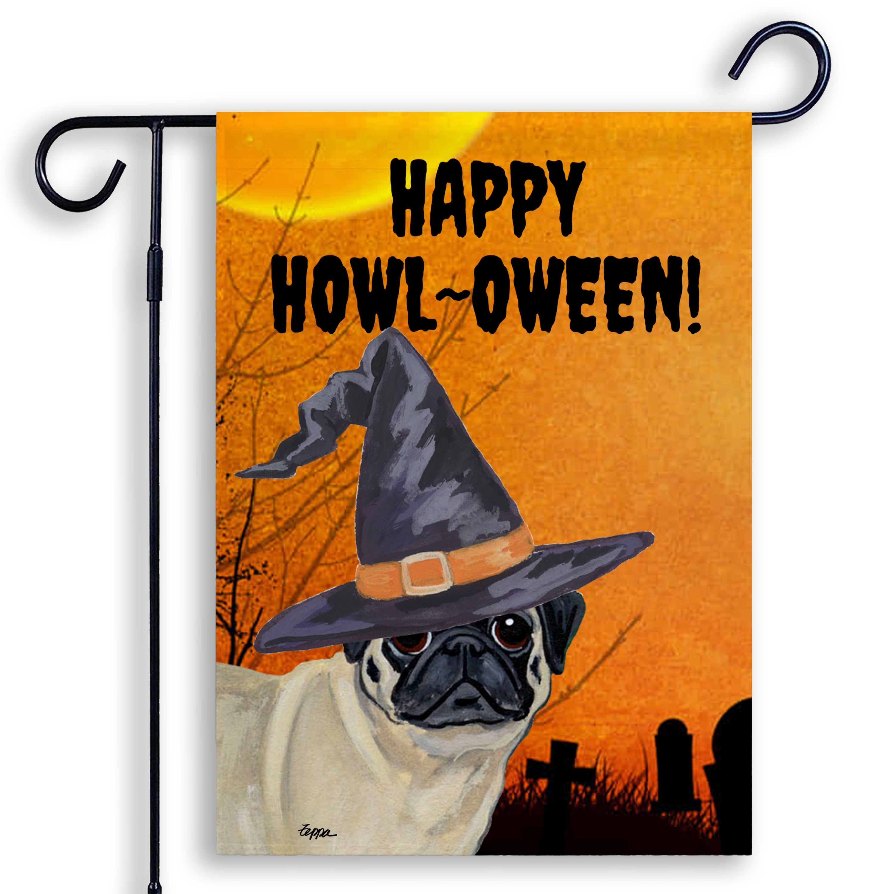 Halloween-themed garden flag with a Pug wearing a witch hat and 'Happy Howl-oween!' text.