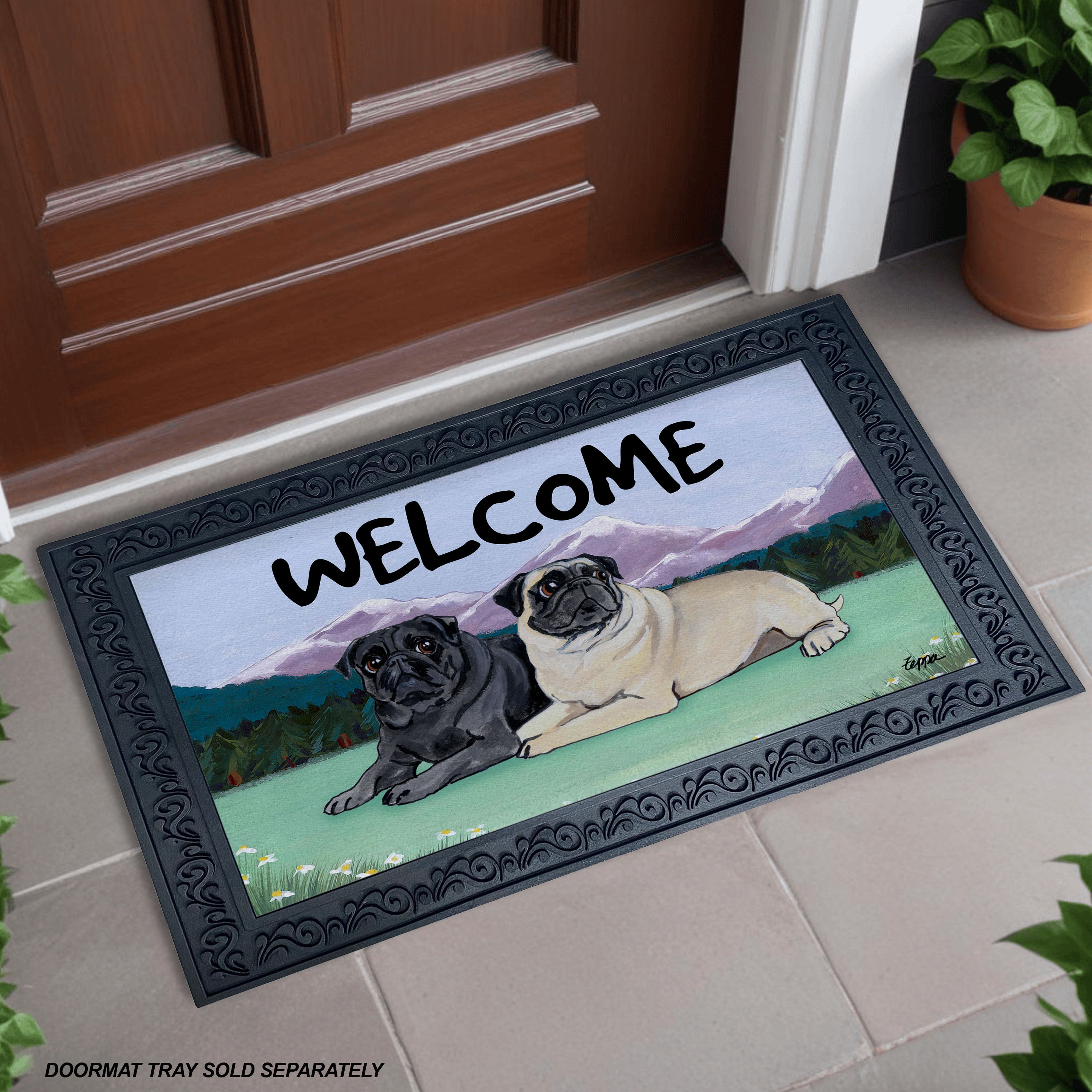 Pug Pair Mountain Scene Welcome Mat