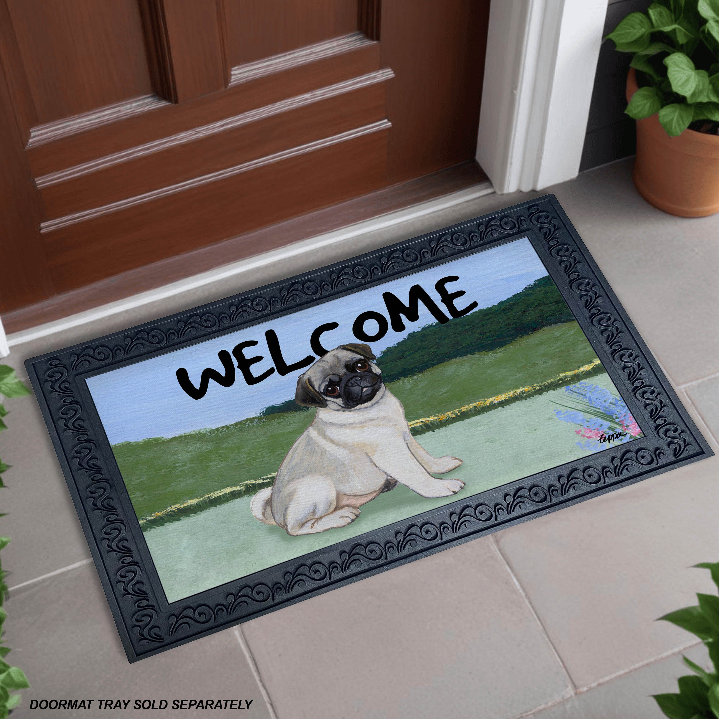 Pug Puppy Yard Scene Welcome Mat